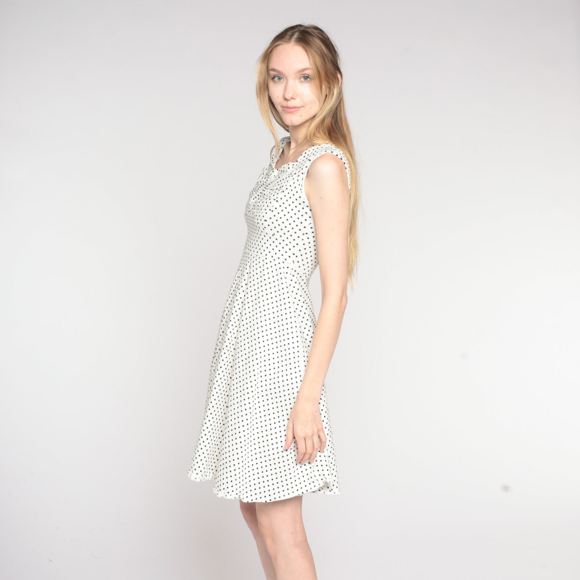 Y2K Polka Dot Mini Dress White Black Sweetheart Neckline Fit Flare Small S