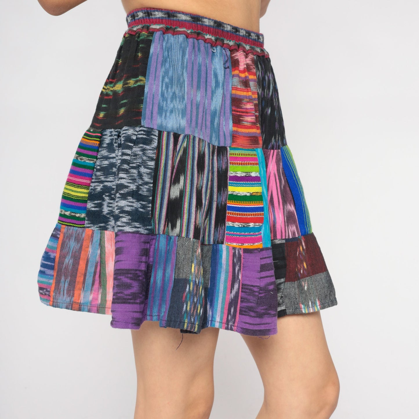 Y2K Patchwork Mini Skirt High Waist Tiered Cotton Extra Small