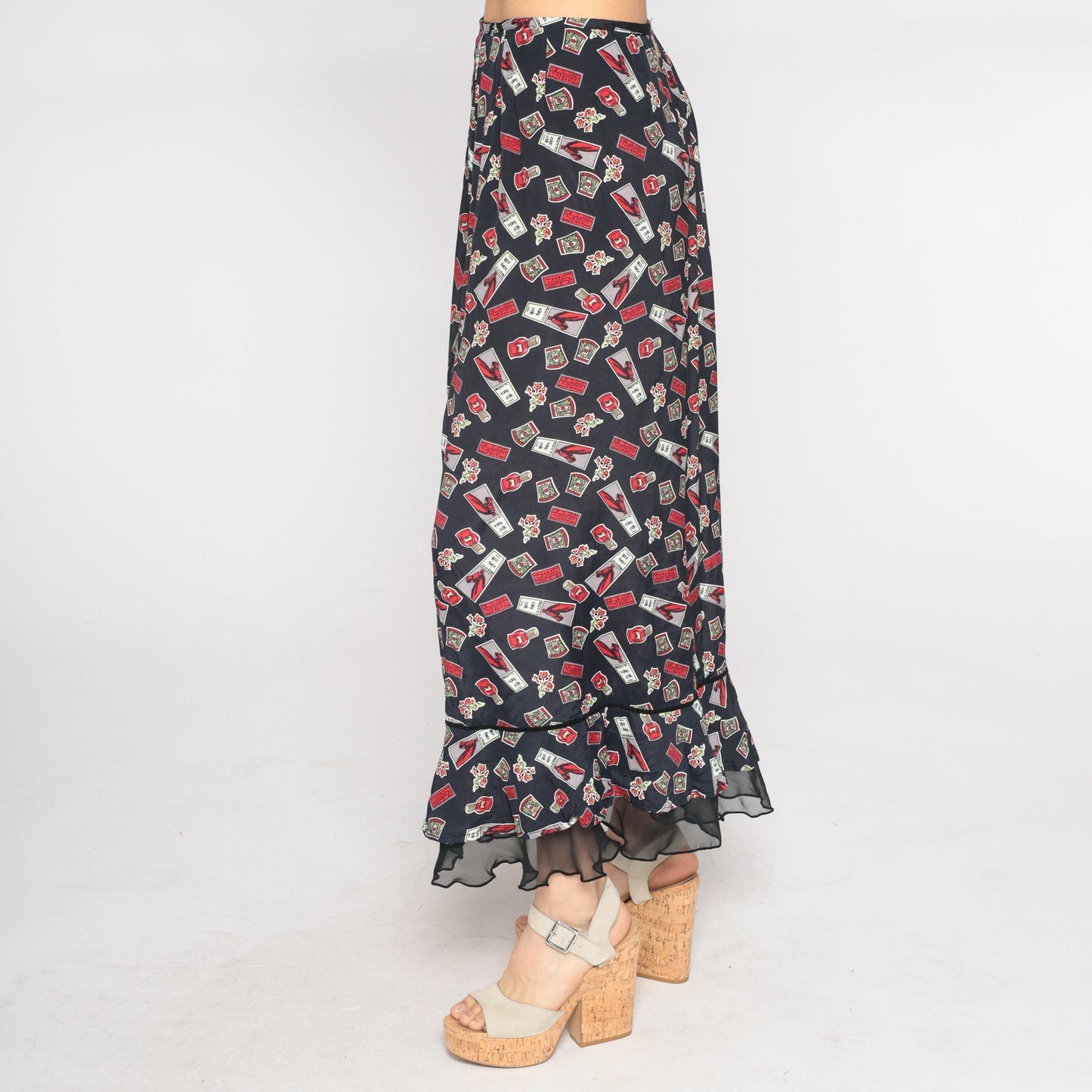 00s Wild Horse Maxi Skirt Black High Waist Ruffled Hem Small