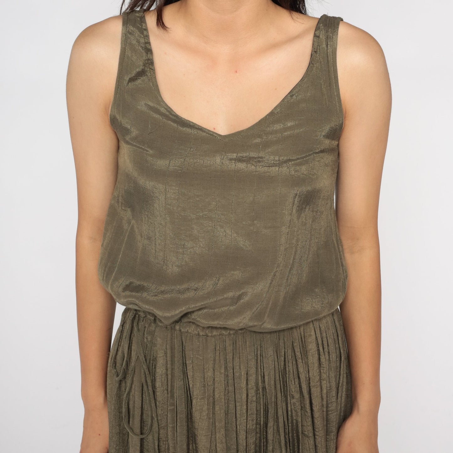 Y2K Metallic Bronze Midi Dress Sleeveless Pleated High Waist Small S