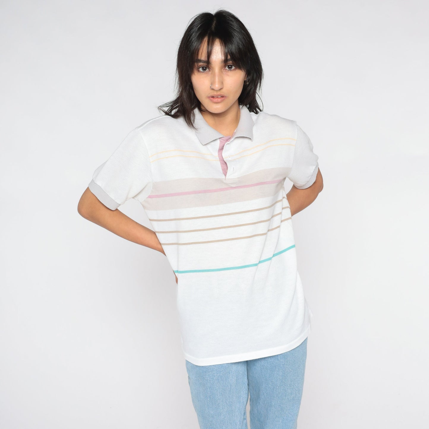 80s Striped Polo Shirt White Multicolor Collared Short Sleeve Medium Large