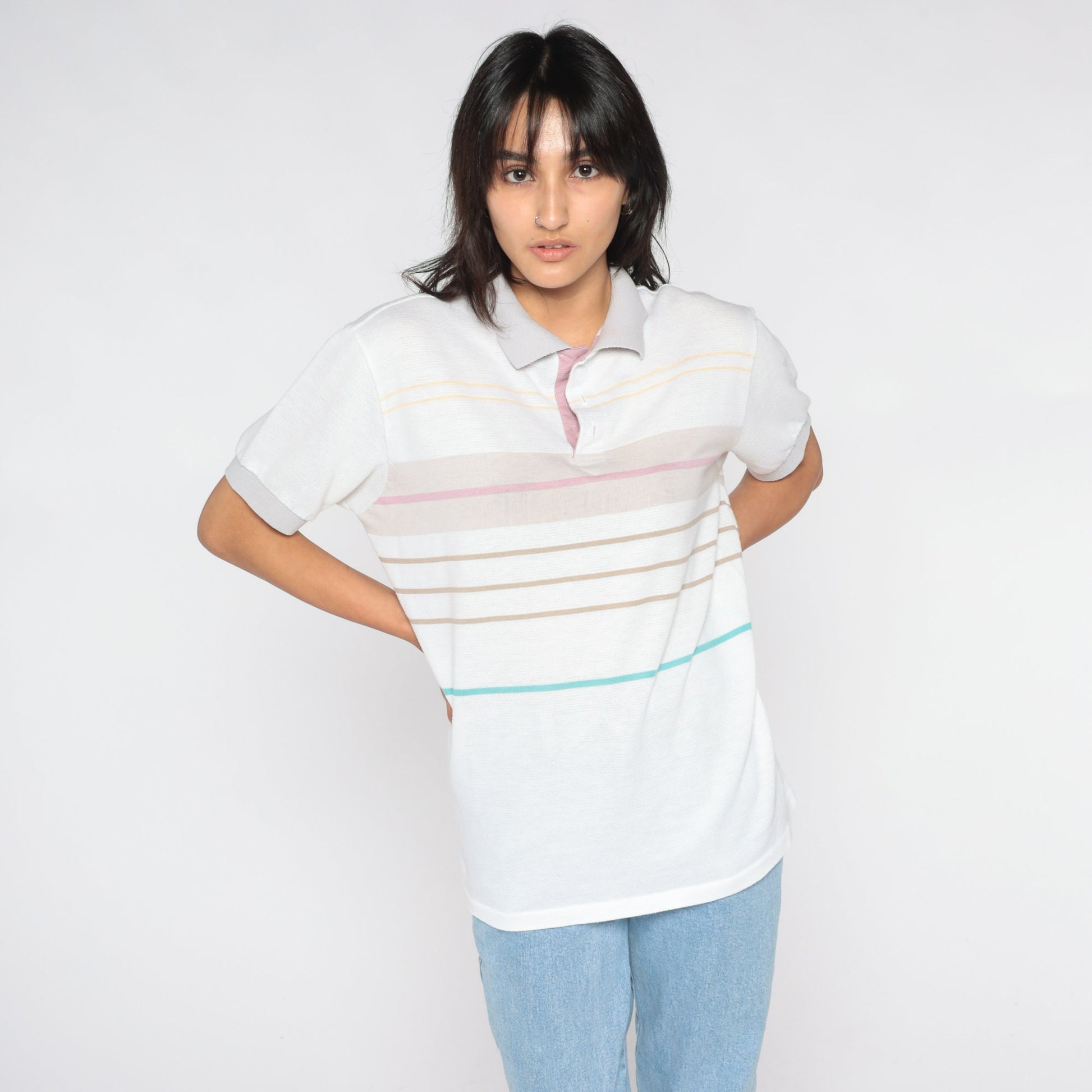 80s Striped Polo Shirt White Multicolor Collared Short Sleeve Medium Large