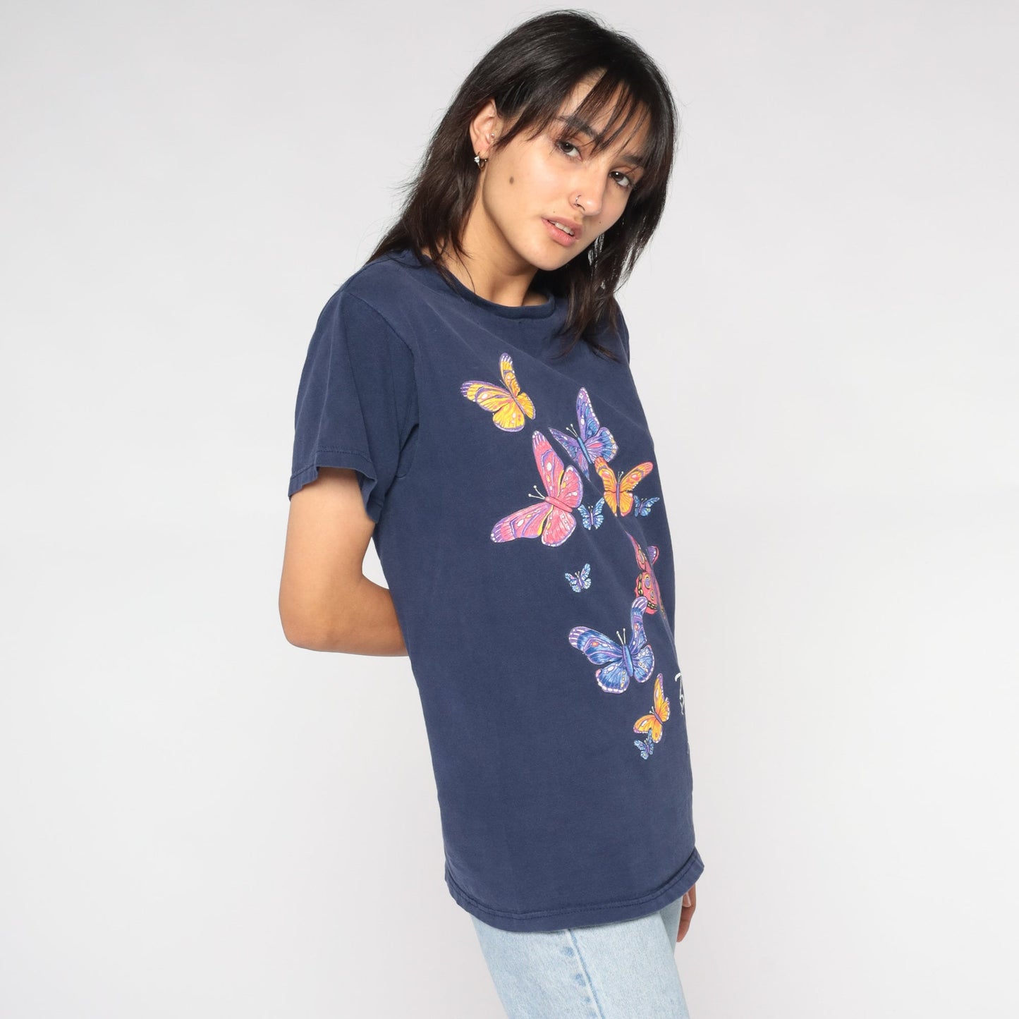 90s Butterfly Kisses Graphic T-Shirt Blue Nature Print Small S
