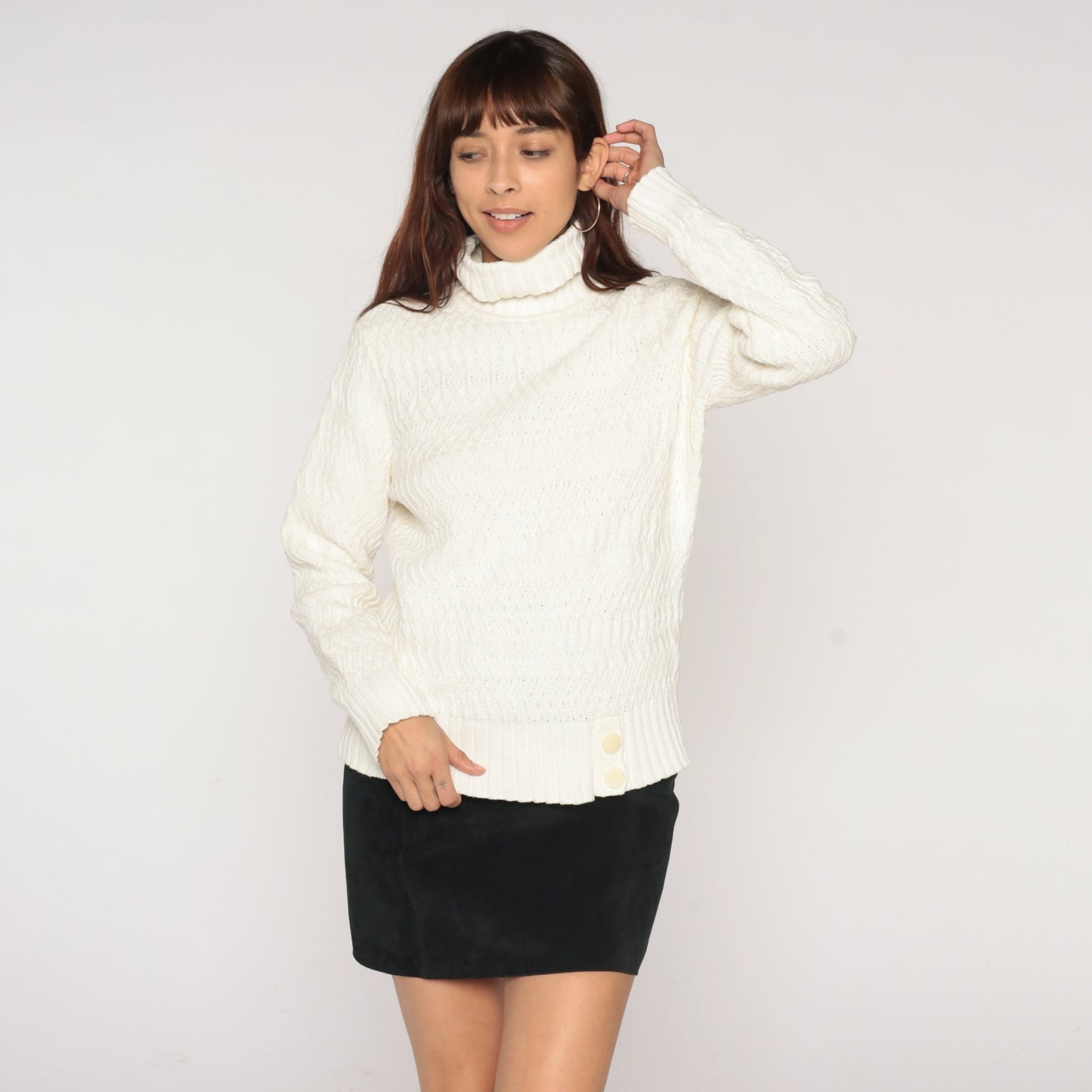 90s White Textured Knit Turtleneck Sweater Pullover Medium M