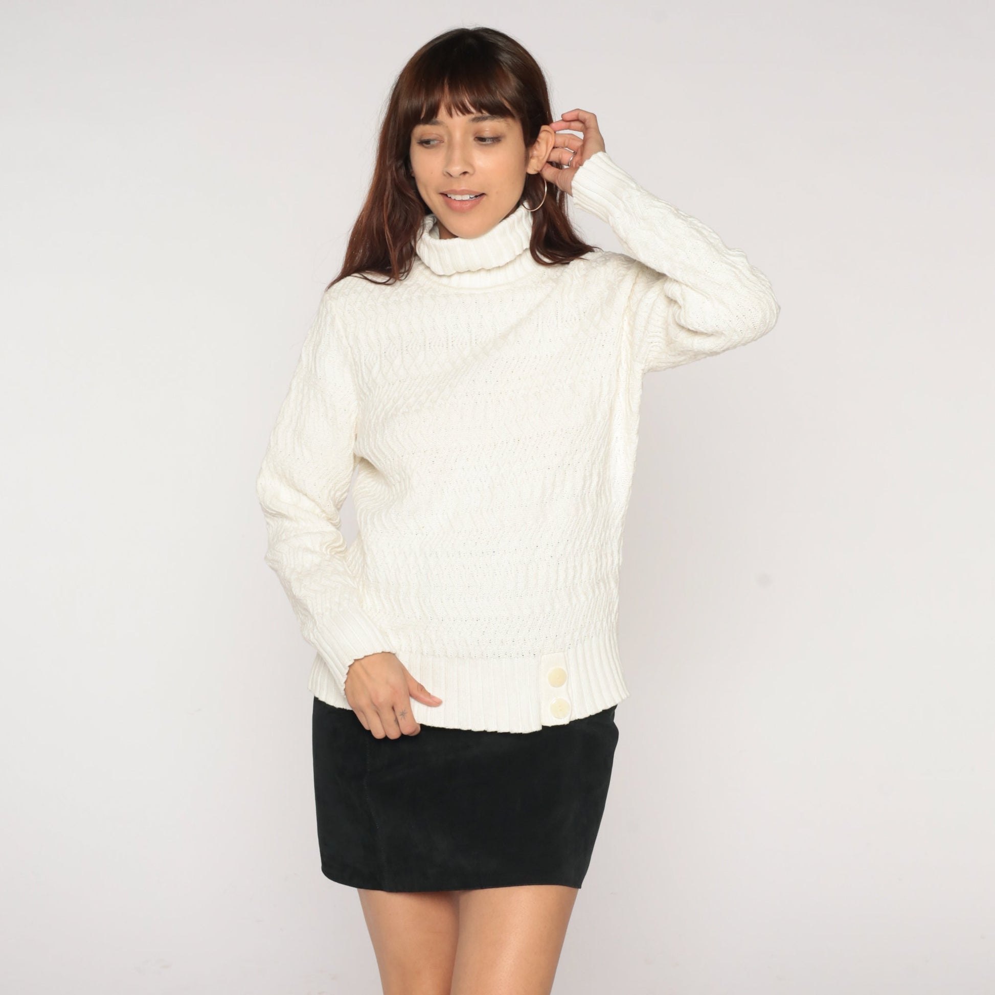 90s White Textured Knit Turtleneck Sweater Pullover Medium M