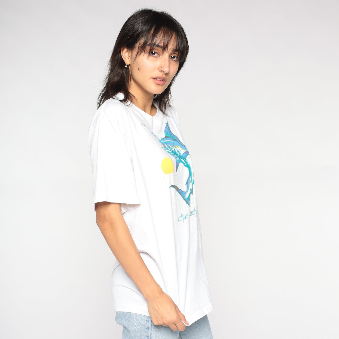 90s Swordfish Graphic T-Shirt Ixtapa Zihuatanejo Mexico White Single Stitch Medium