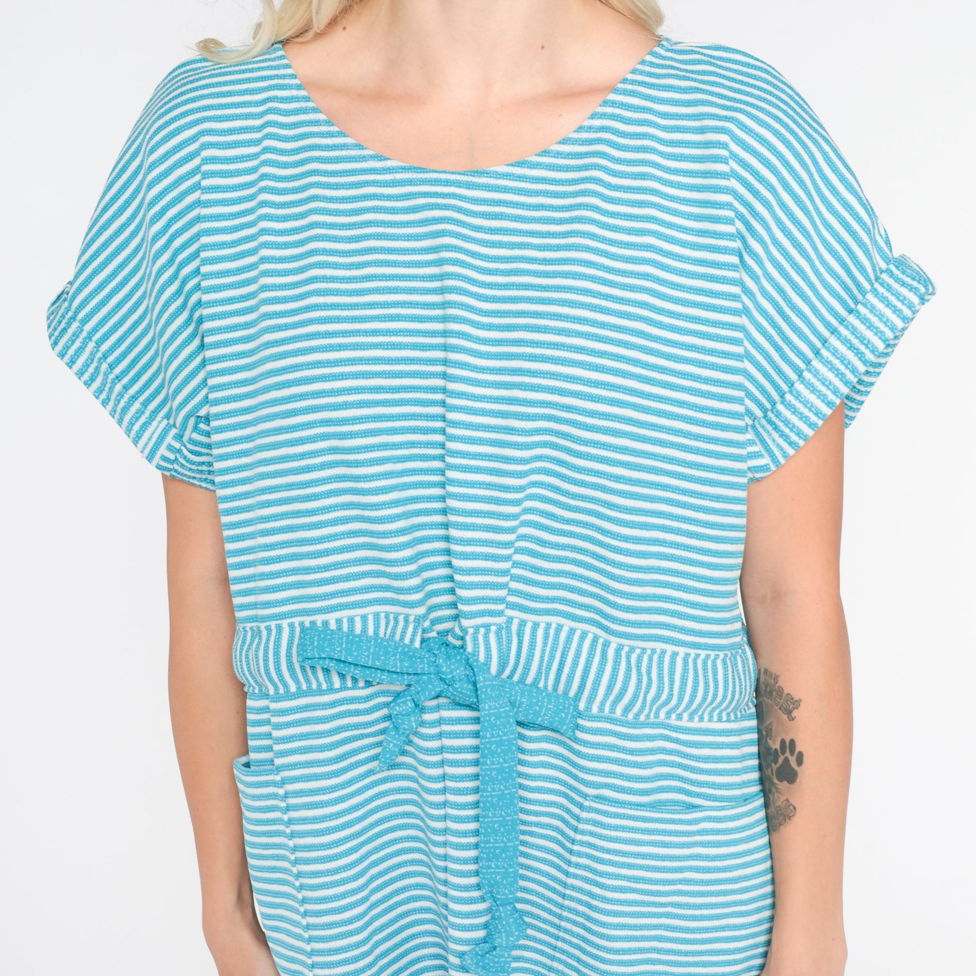 70s Blue White Striped Shift Dress Drawstring Waist Mini Short Sleeve Large