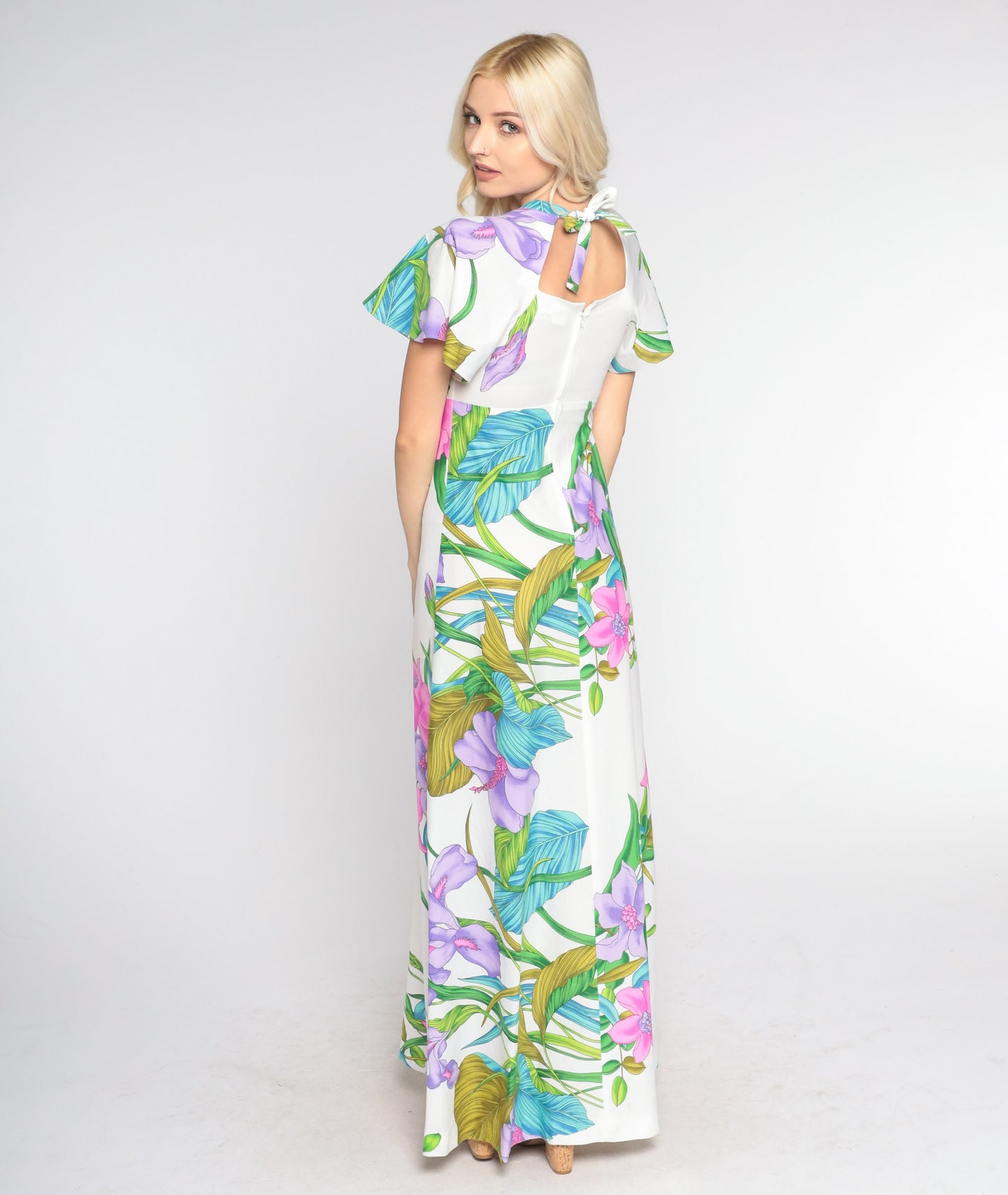 70s Tropical Floral White Maxi Dress Smocked Flutter Sleeve Empire Waist Small Medium