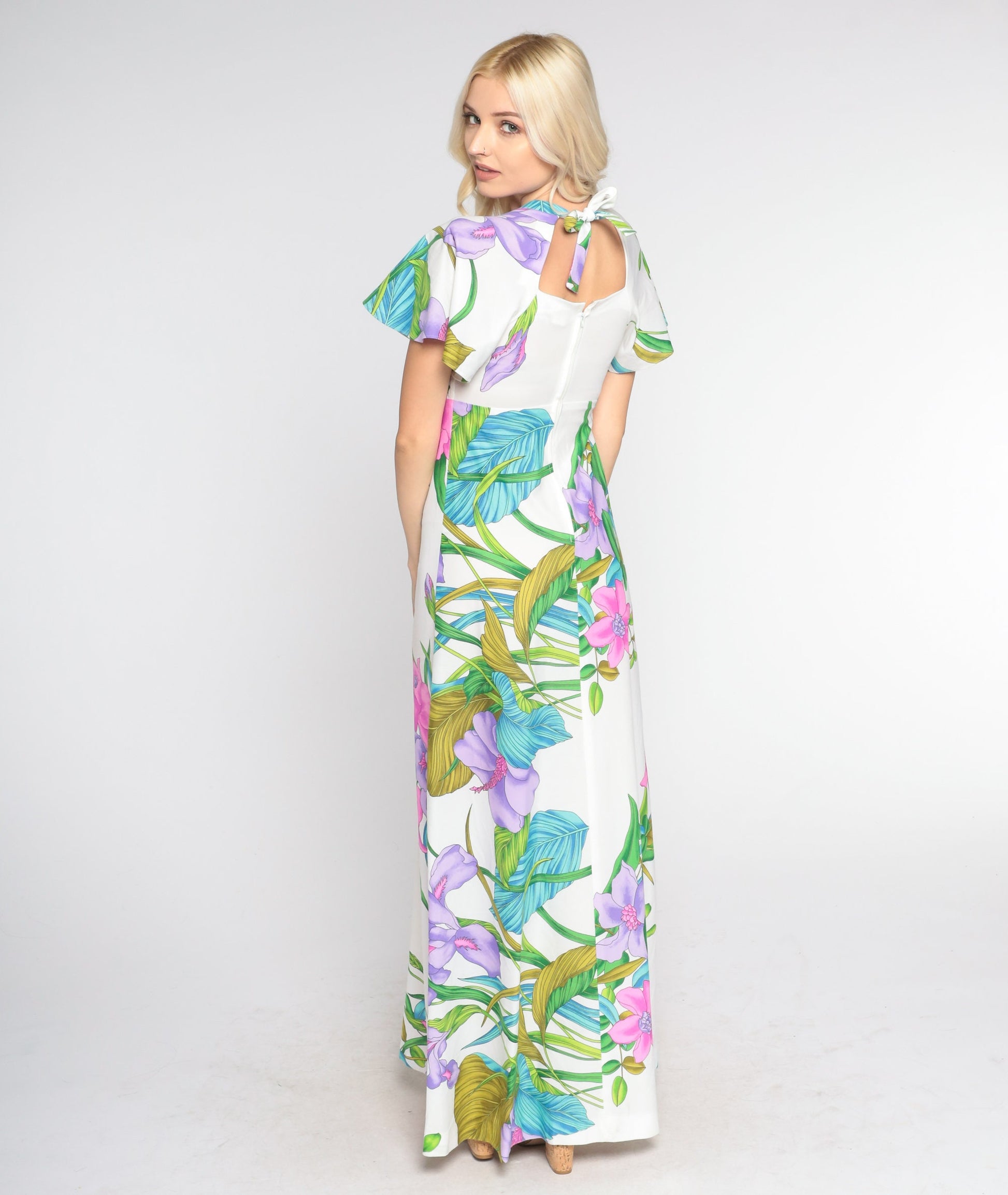 70s Tropical Floral White Maxi Dress Smocked Flutter Sleeve Empire Waist Small Medium