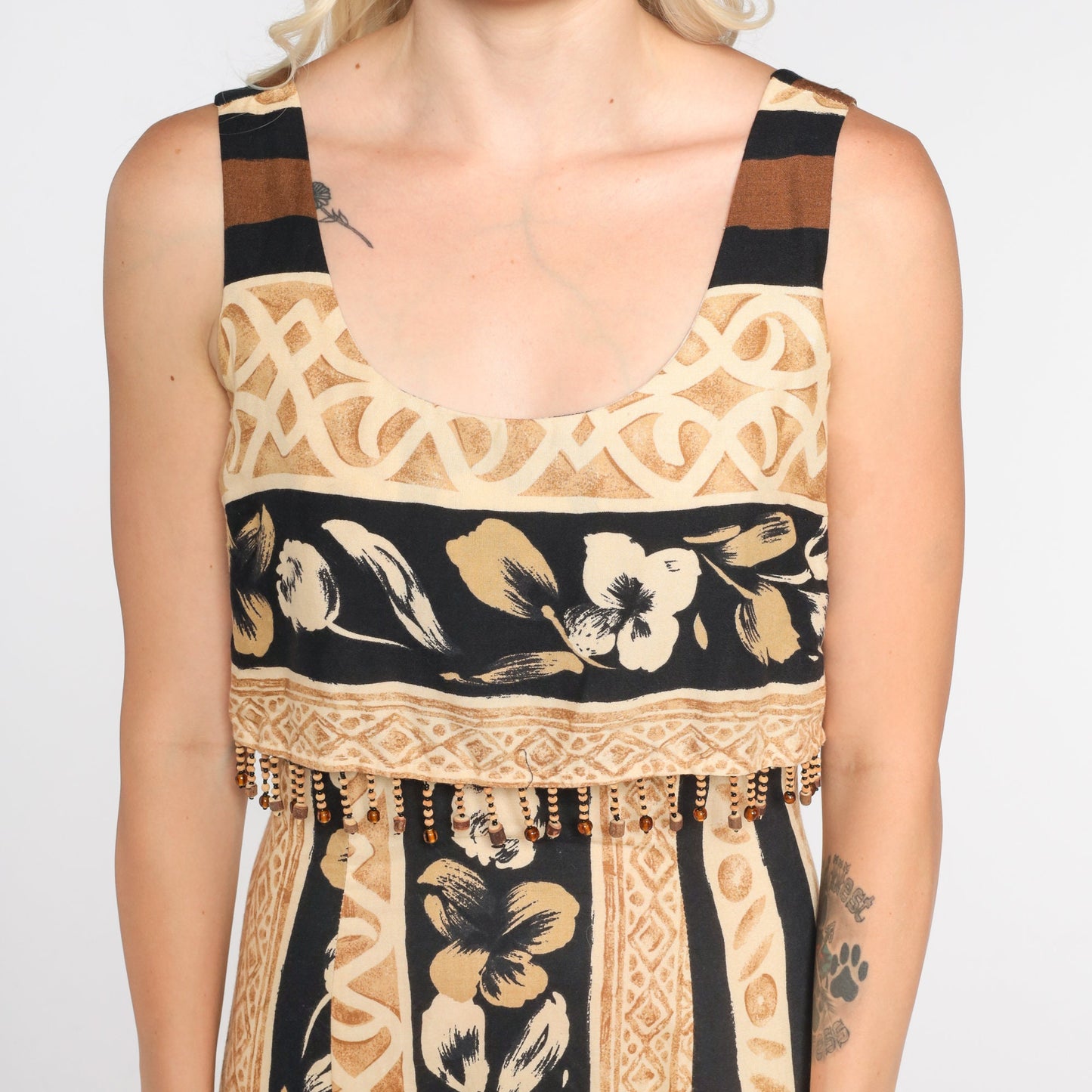 90s Tropical Floral Midi Dress Beaded Bodice Front Slit Sleeveless Extra Small