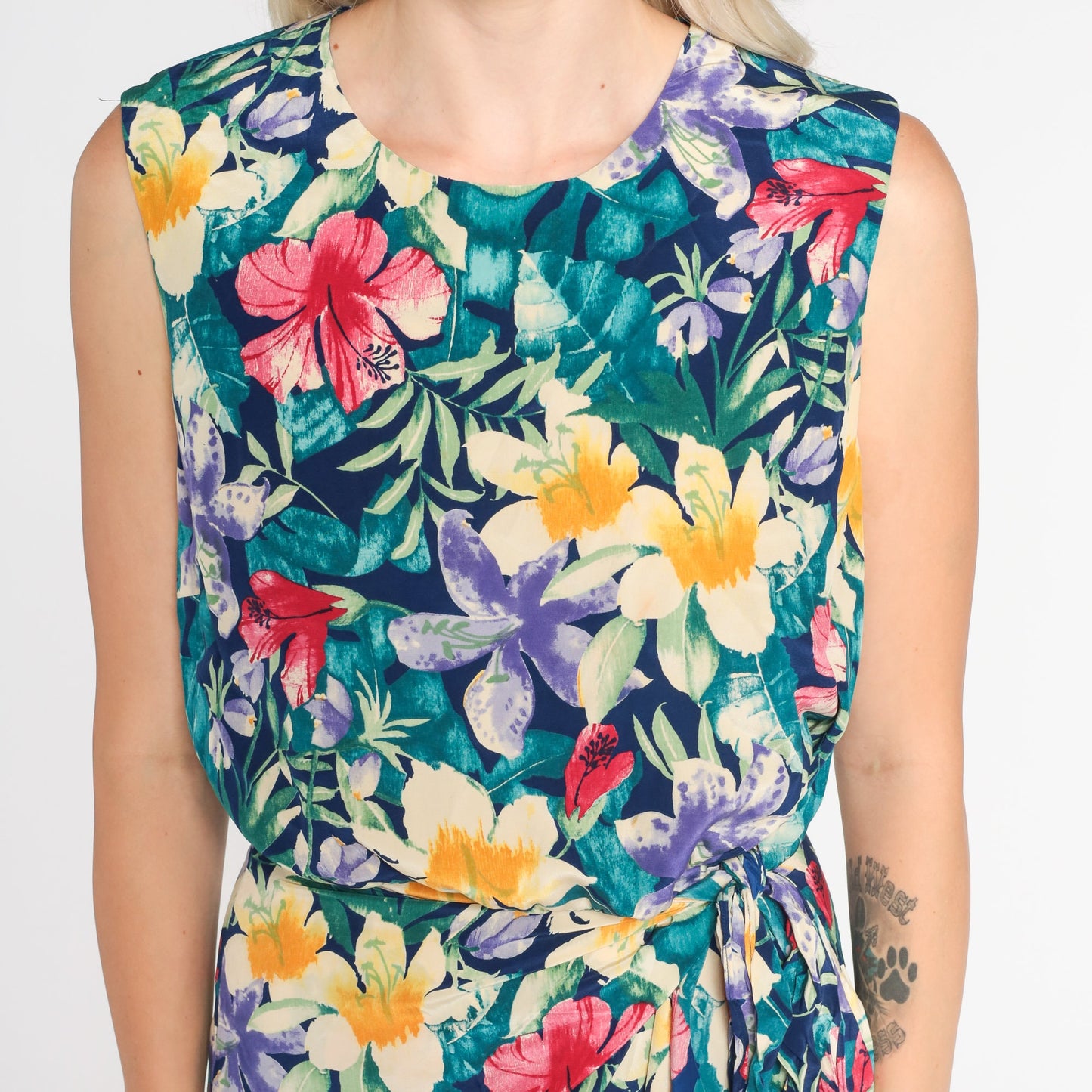 90s Tropical Floral Wrap Mini Dress Hibiscus Print Sleeveless XS