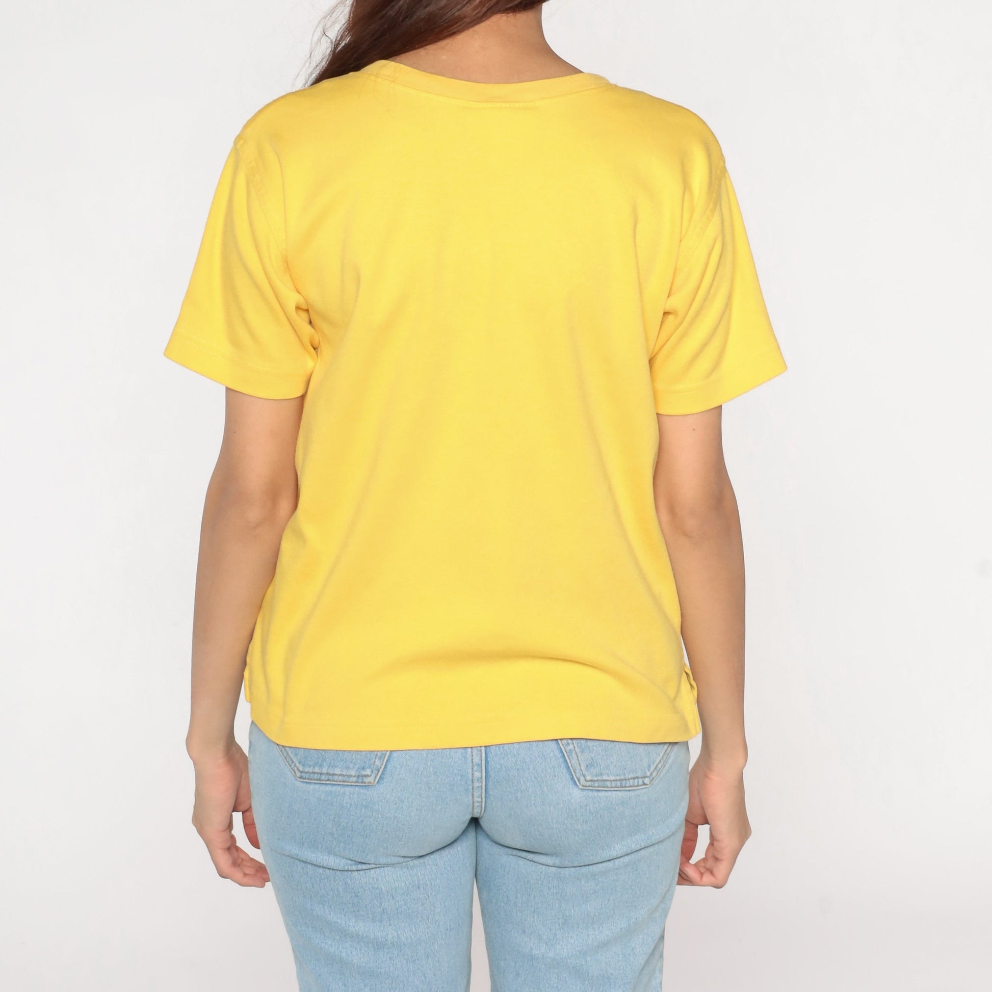 90s Yellow Cotton T-Shirt Embroidered Crest Pocket Tee Small