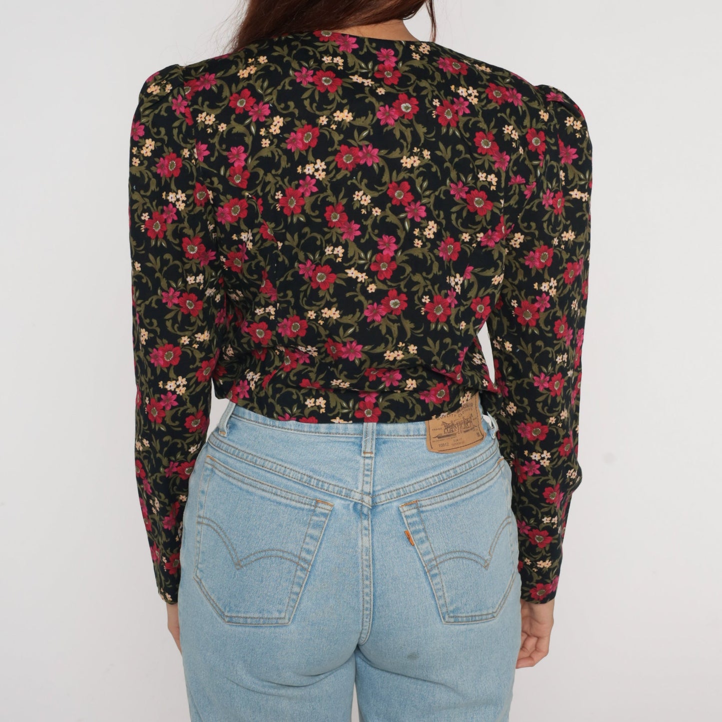 80s Black Floral Puff Sleeve Button-Up Blouse Double Breasted Medium