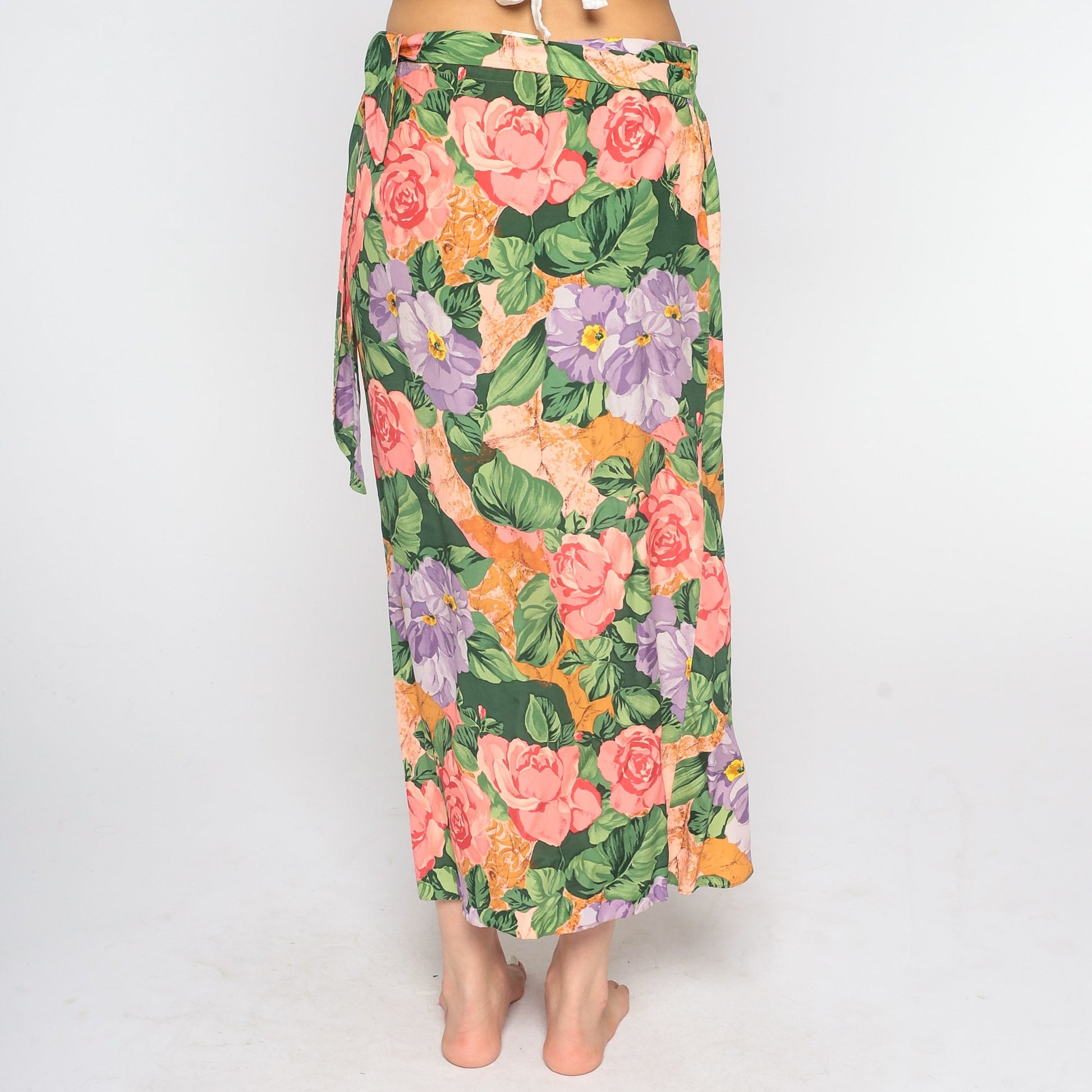 90s Floral Wrap Maxi Skirt Rayon Rose Pattern Small S