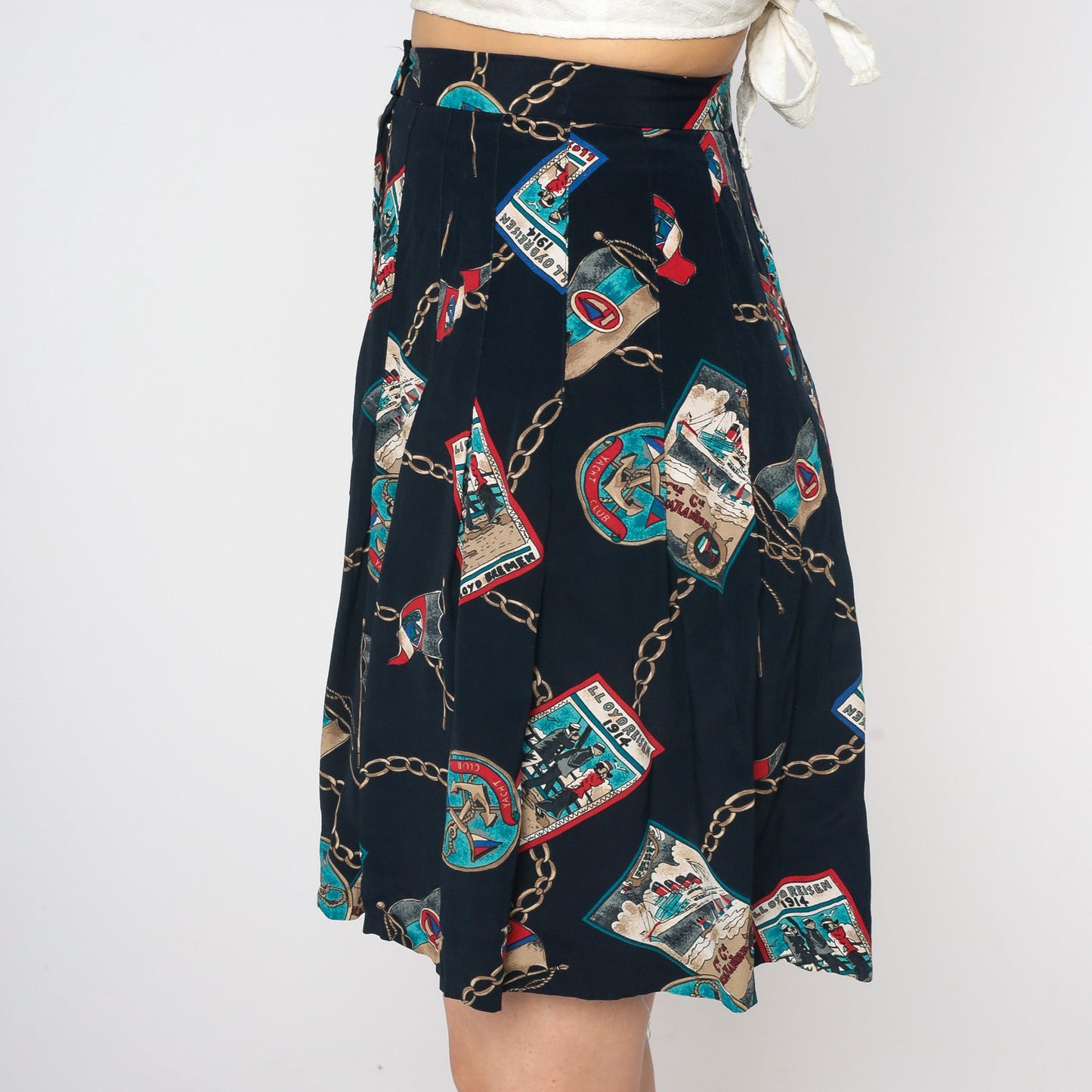 90s Nautical Mini Skirt Button Up Navy Anchor Sailor Print Small