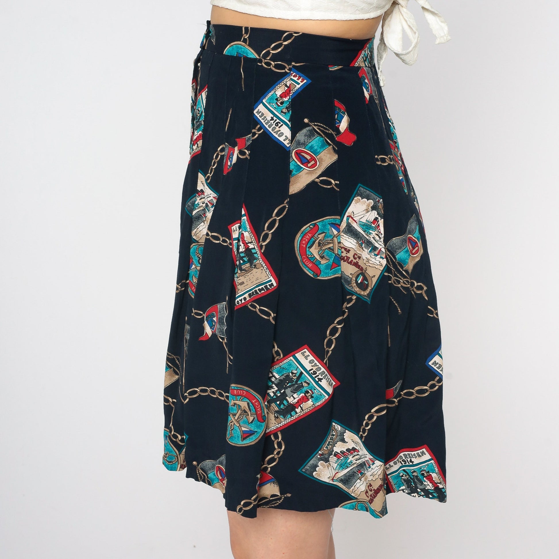 90s Nautical Mini Skirt Button Up Navy Anchor Sailor Print Small
