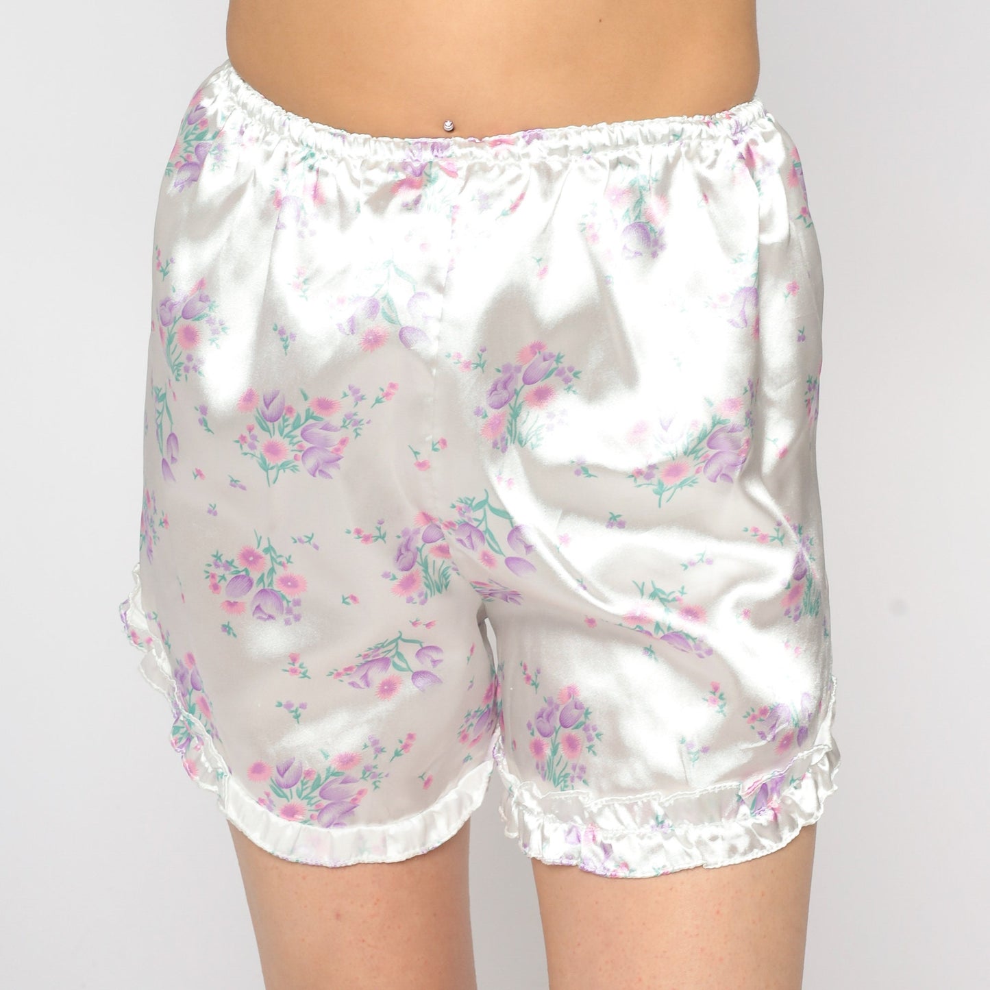 90s White Floral Satin Pajama Shorts Ruffled High Waist Small Medium