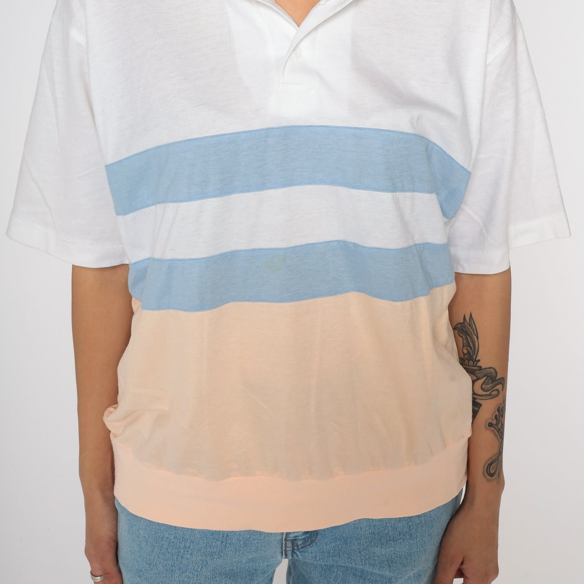 80s Striped Polo Shirt White Peach Blue Color Block Short Sleeve Medium Large