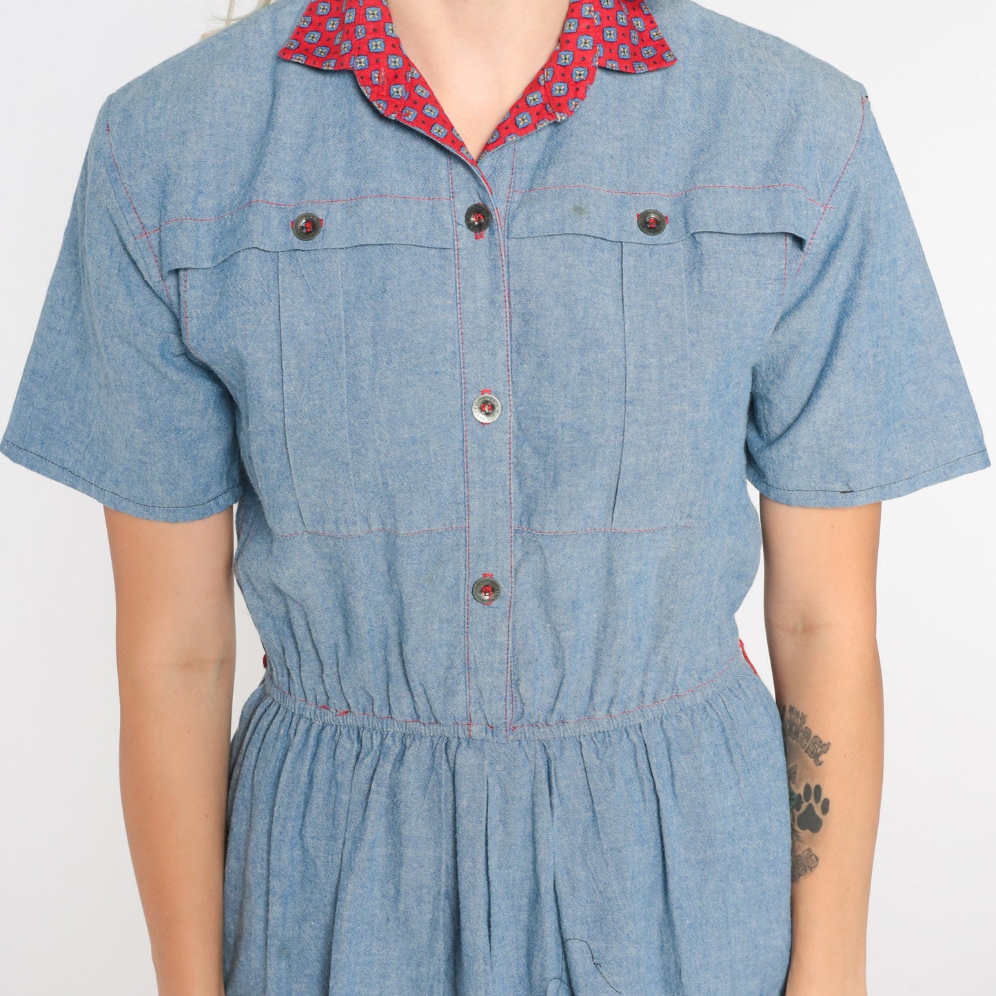 80s Blue Denim Mini Dress Red Collar Button-Up High Waist Small Medium