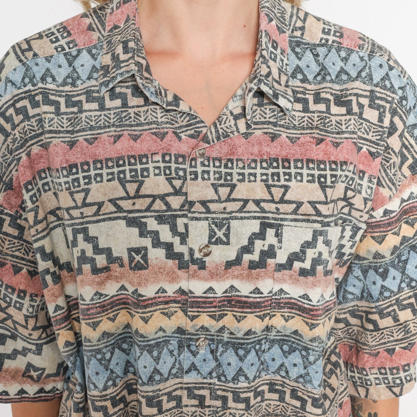 90s Geometric Striped Cotton Button-Up Shirt Mens Large L
