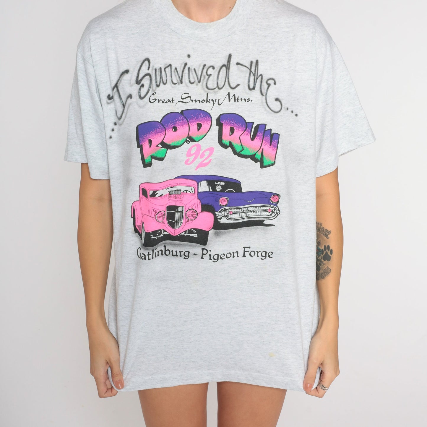1992 Great Smoky Mountains Rod Run Graphic Tee Grey Classic Car 90s Large