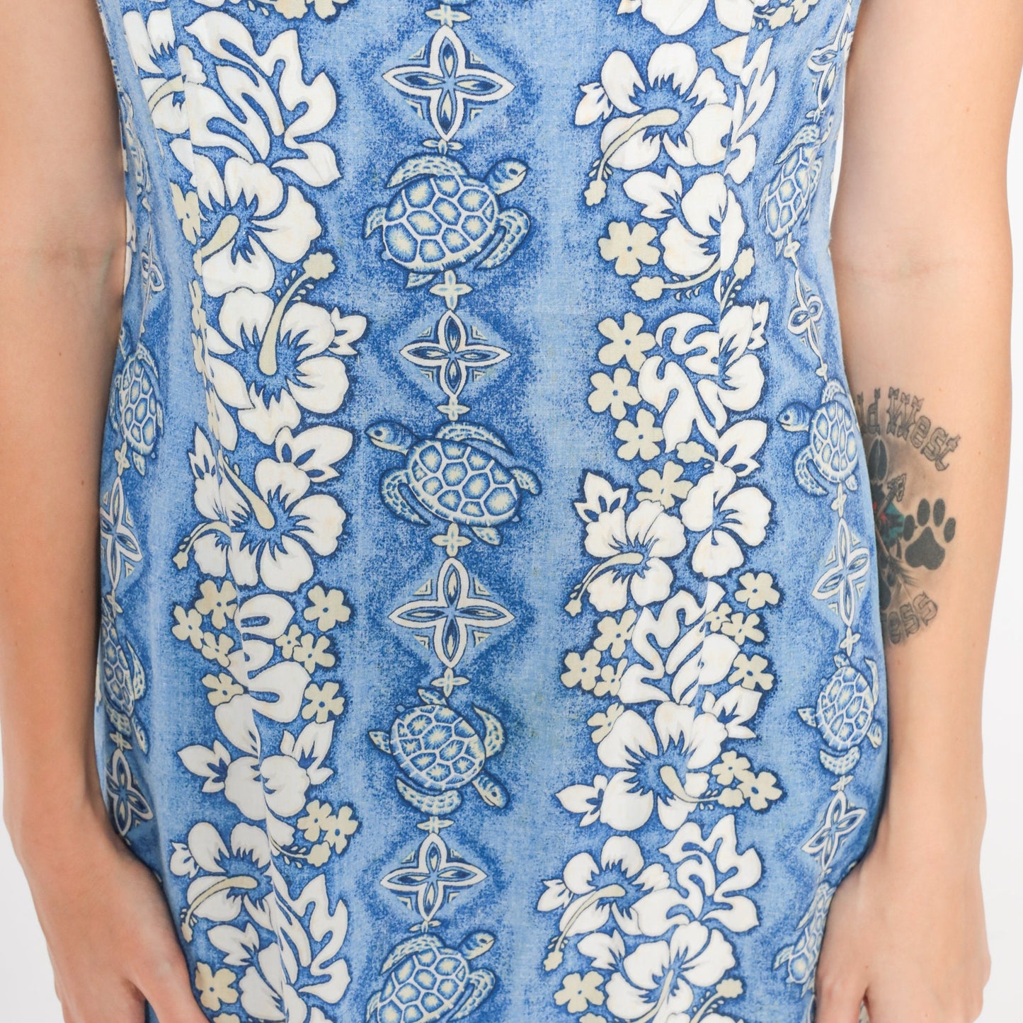 90s Blue Hawaiian Turtle Floral Midi Dress Sleeveless Extra Small XS