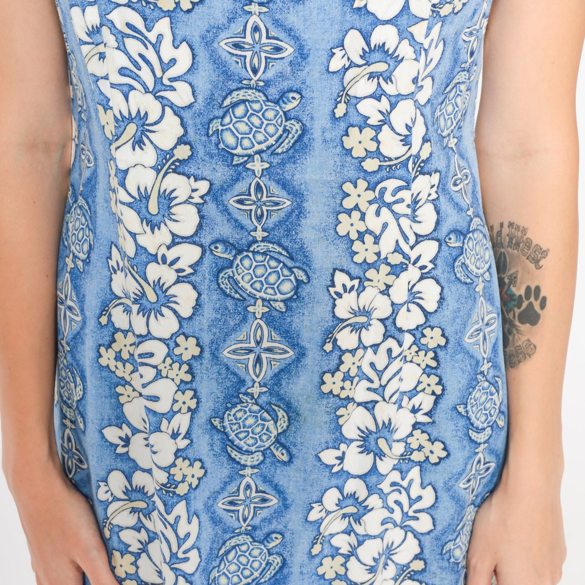 90s Blue Hawaiian Turtle Floral Midi Dress Sleeveless Extra Small XS