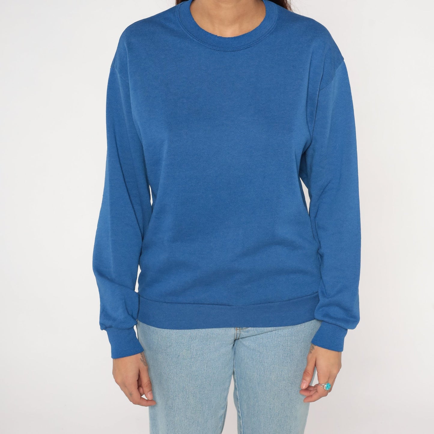 80s Blue Crewneck Sweatshirt Drop Shoulder Pullover Medium M