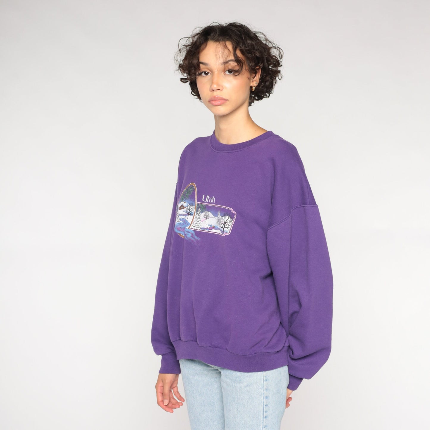 90s Utah Snowy Cabin Graphic Sweatshirt Purple Crewneck Large L
