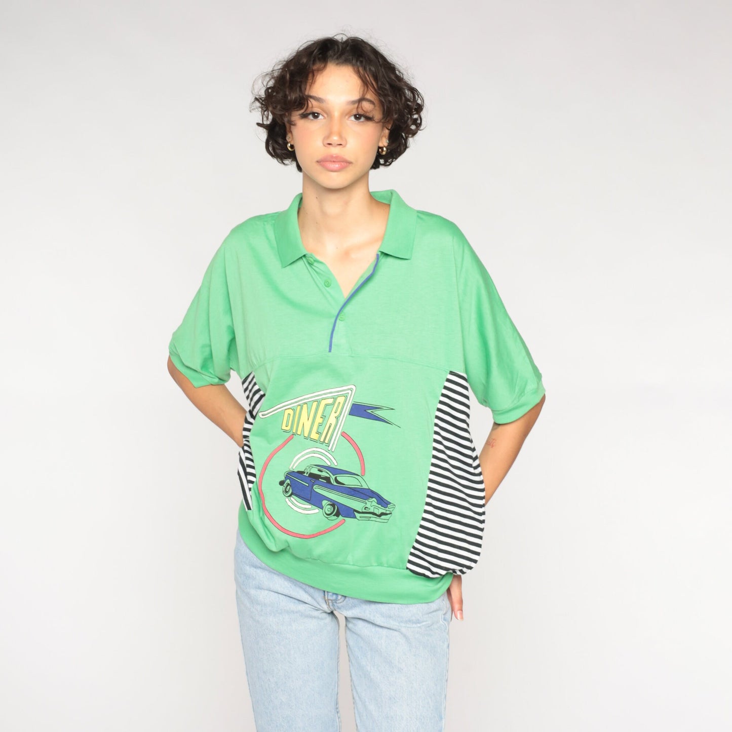 90s Le Tigre Polo Shirt Lime Green Classic Car Diner Graphic Striped Extra Large
