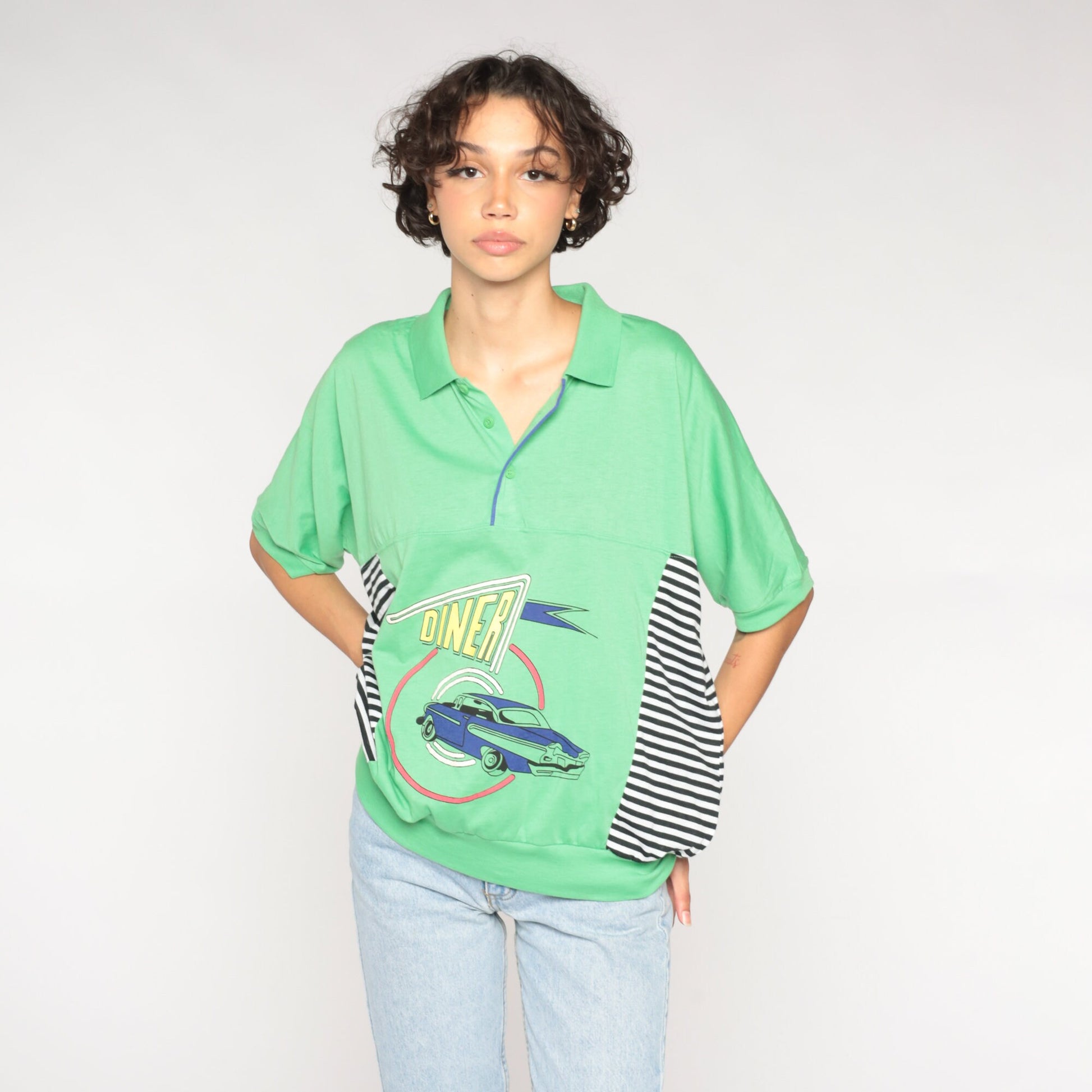90s Le Tigre Polo Shirt Lime Green Classic Car Diner Graphic Striped Extra Large