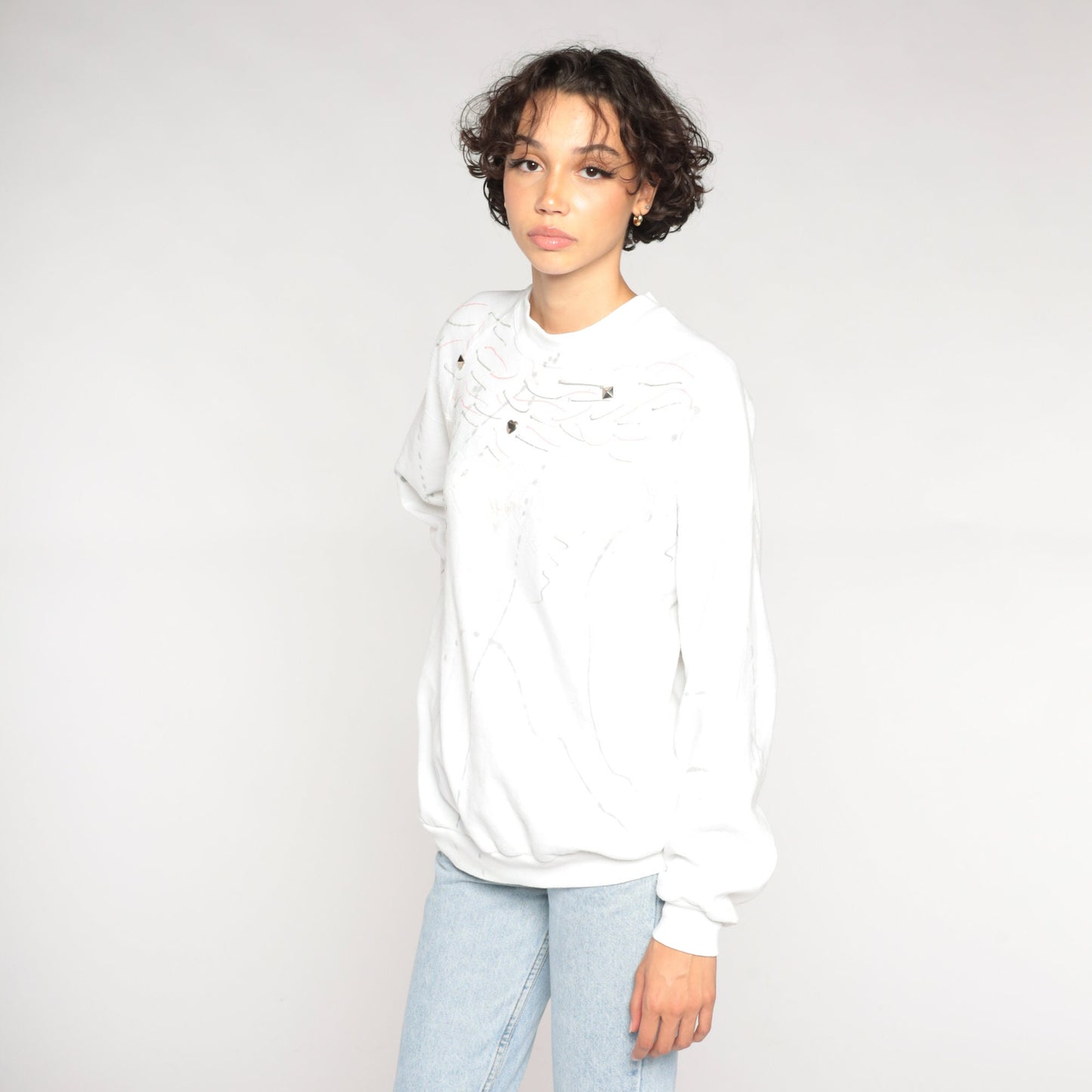 90s Jerzees White Sweatshirt Studded Abstract Painted Design Crewneck Extra Large
