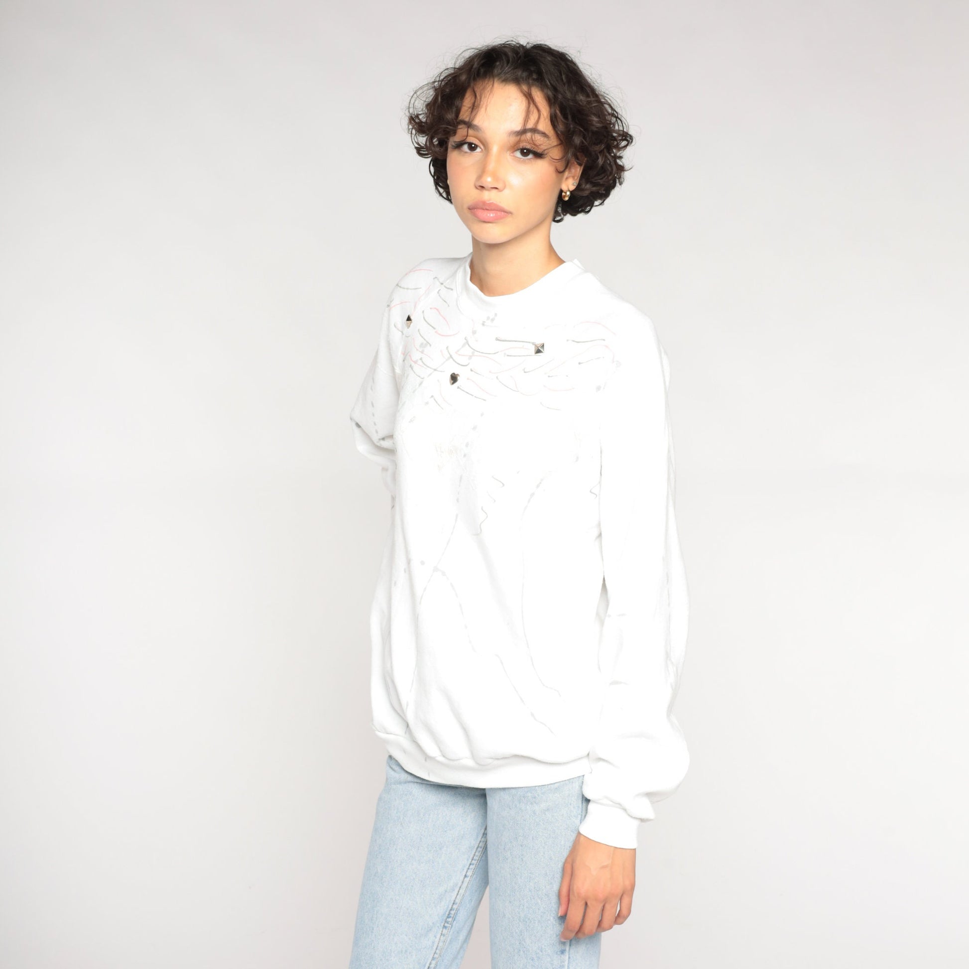 90s Jerzees White Sweatshirt Studded Abstract Painted Design Crewneck Extra Large