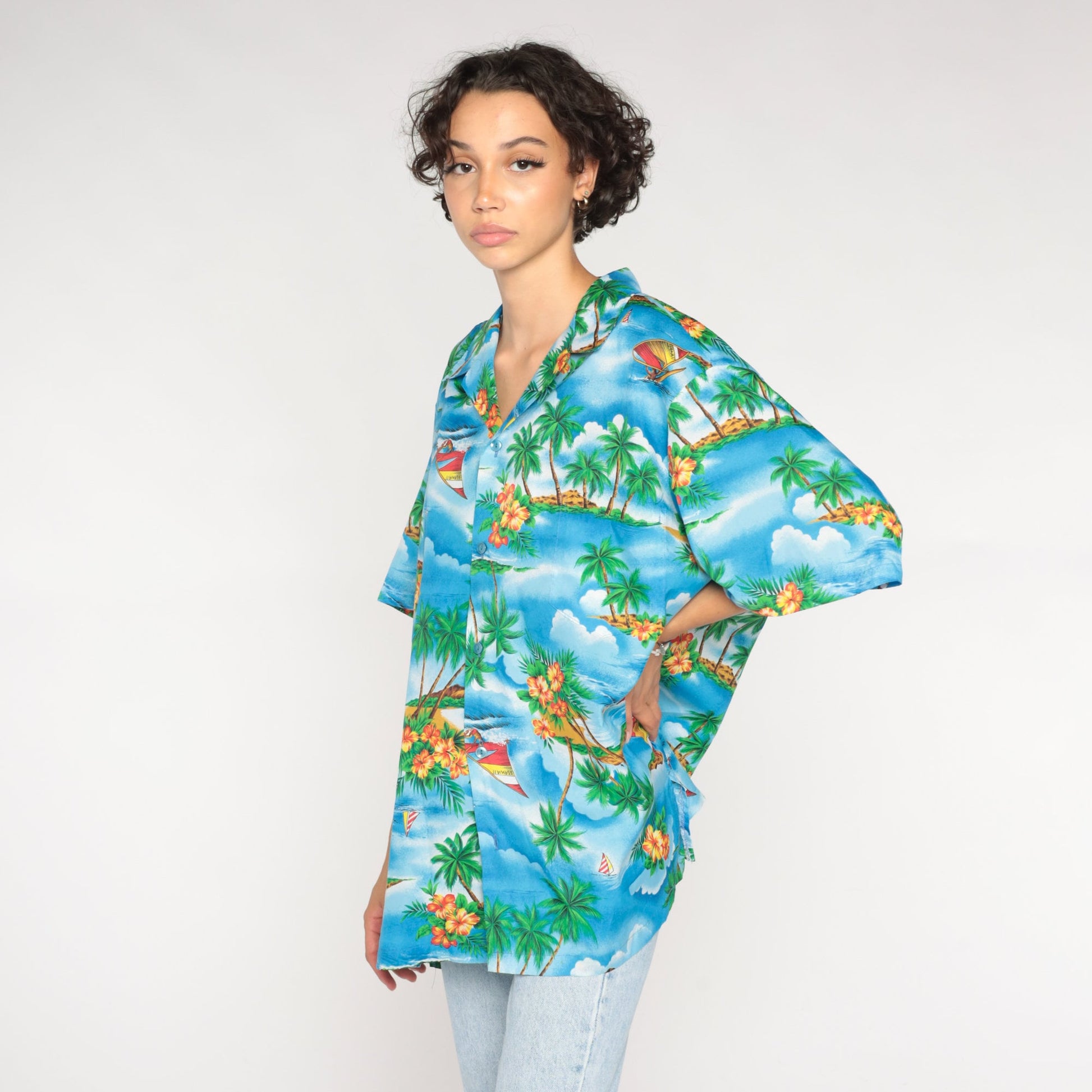 90s Blue Hawaiian Shirt Sailboat Palm Tree Print Button Up Mens XXL