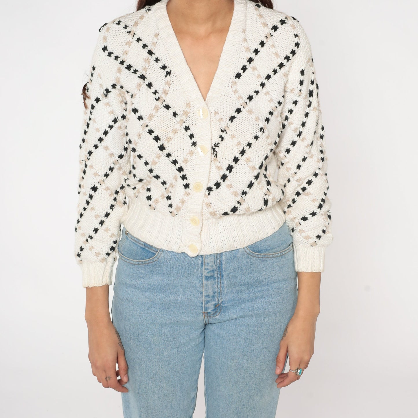 80s White Cardigan Sweater Diamond Textured Knit Black Tan Medium M