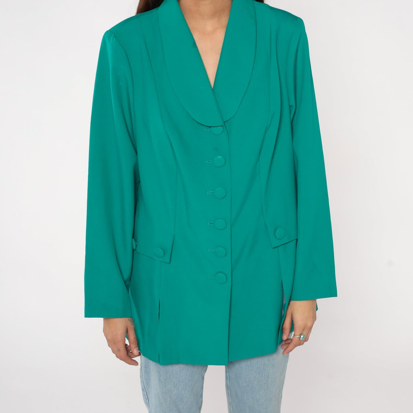 90s Green Blazer Button-Up Jacket Rounded Collar Office Wear Large L