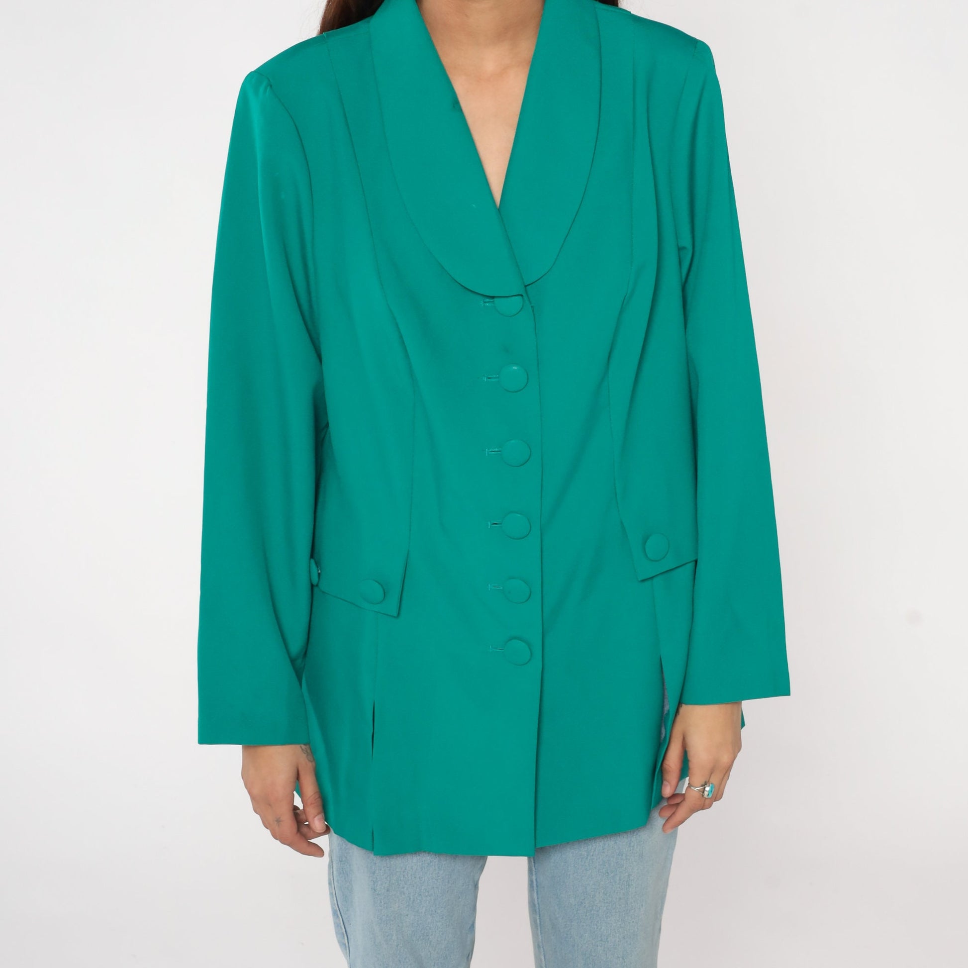 90s Green Blazer Button-Up Jacket Rounded Collar Office Wear Large L