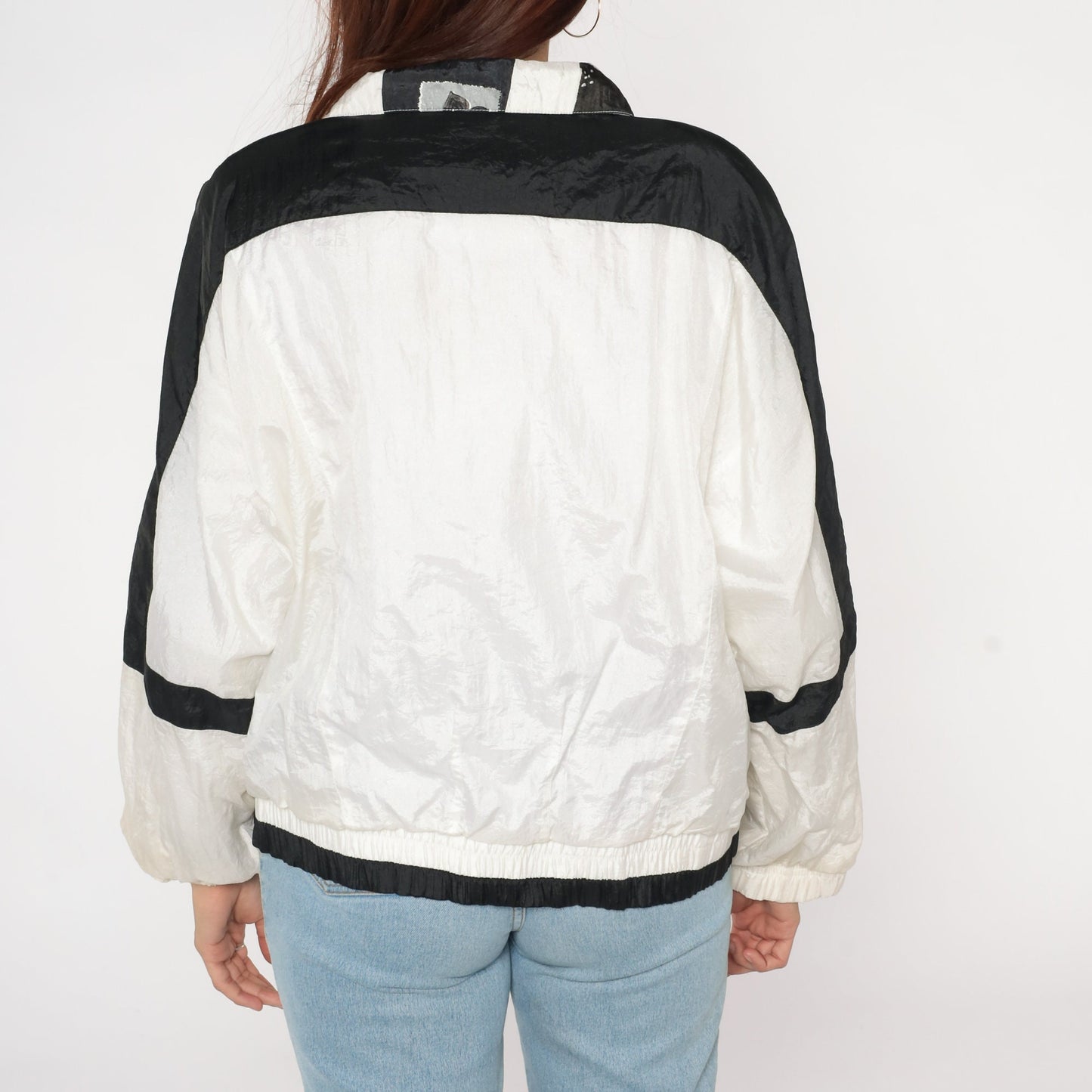 90s Abstract Floral Windbreaker Black White Nylon Zip Jacket Large L
