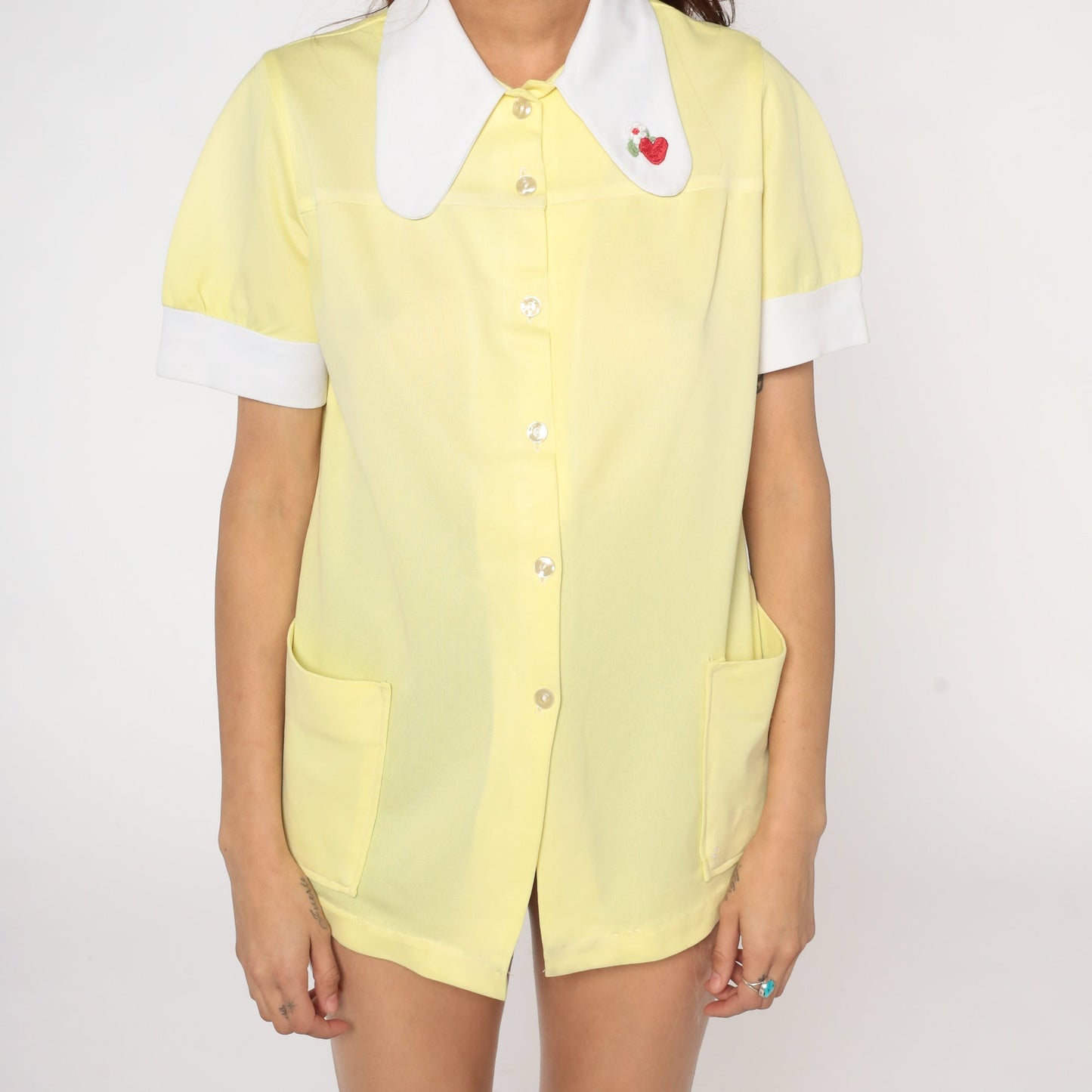 70s Yellow Puff Sleeve Blouse Dog Ear Collar Embroidered Heart Flower Medium