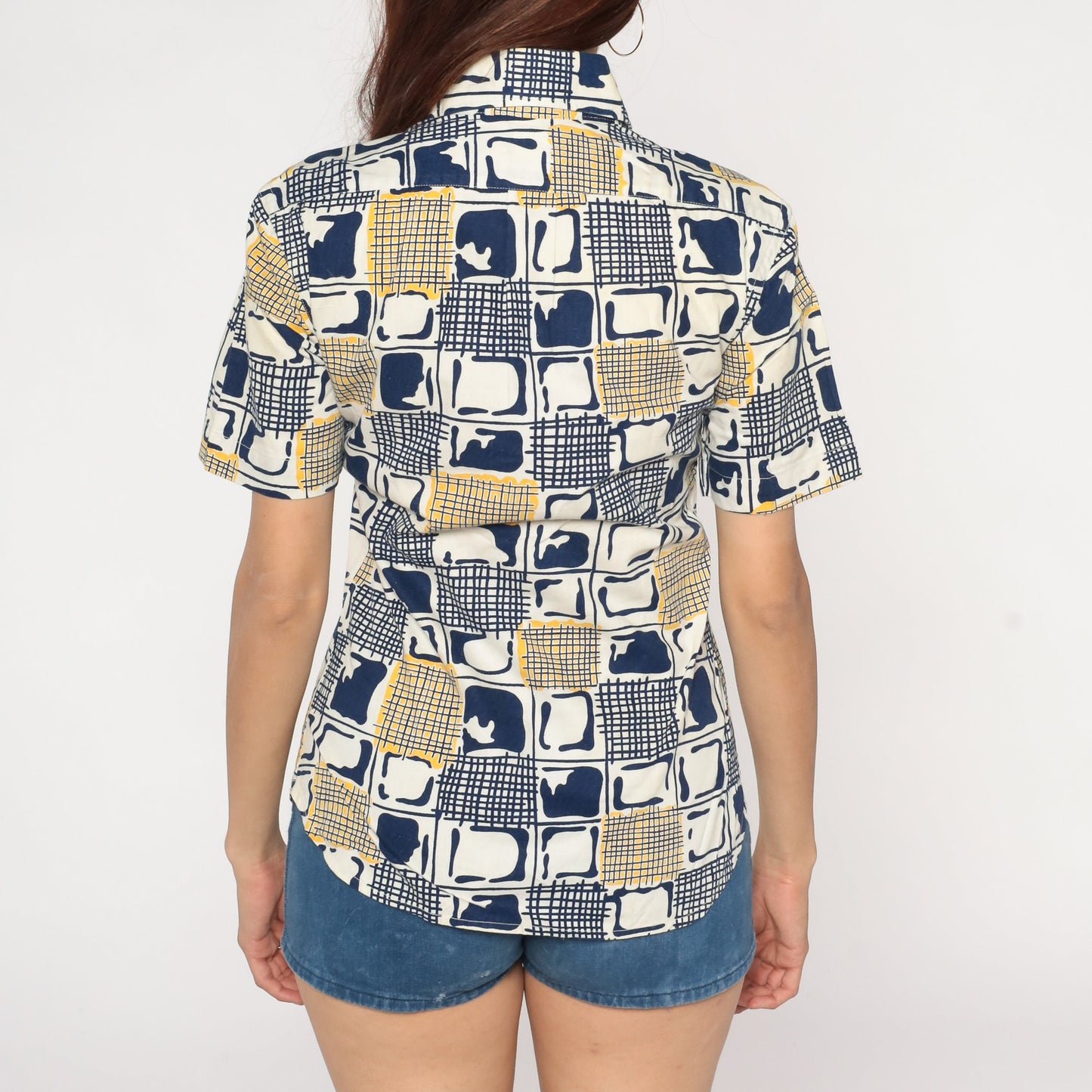 70s Abstract Checkered Button-Up Blouse Pointed Collar Blue White Yellow Small