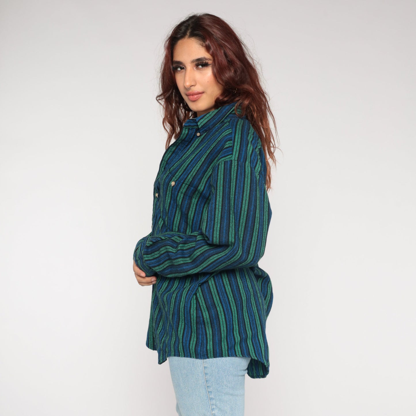 90s Woven Striped Button-Up Shirt Blue Green Long Sleeve Collared Extra Large