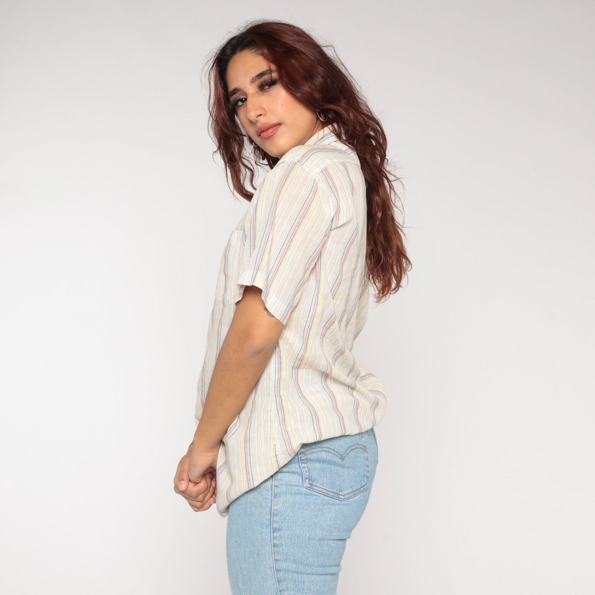 80s Striped Button-Up Shirt White Cotton Short Sleeve Collared Top Large