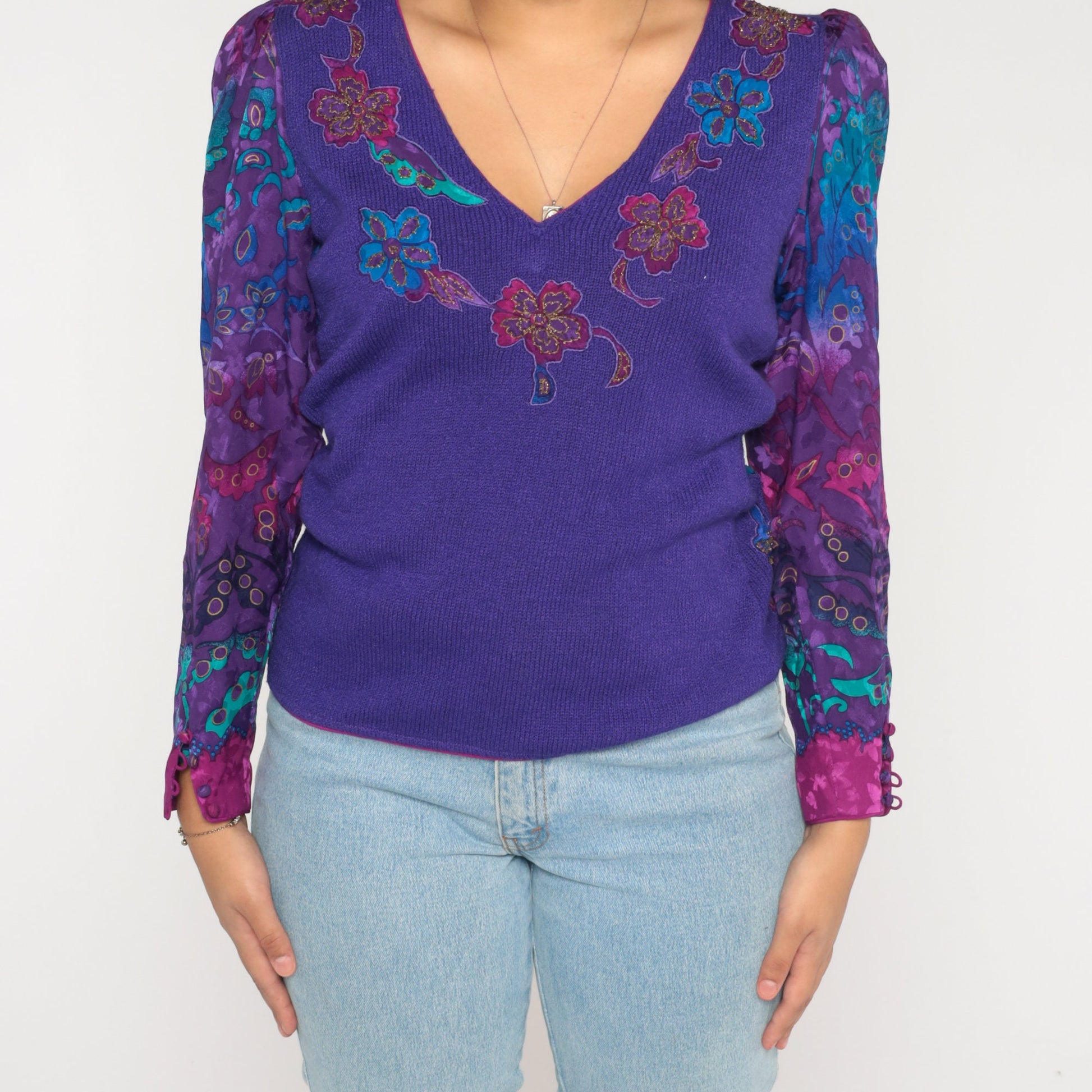 80s Purple Floral Knit Sweater Puff Sleeve V-Neck Appliqué Blouse Small S
