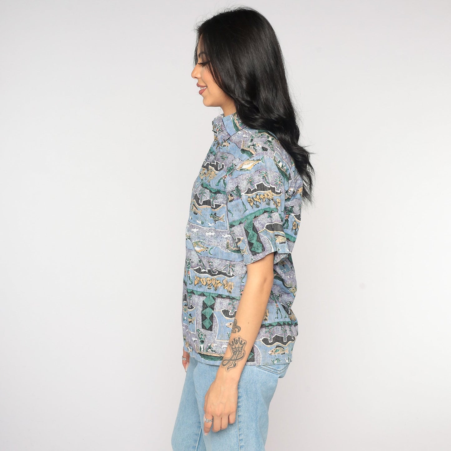 Y2K Tropical Fishing Island Print Button-Up Shirt Purple Blue Cotton Extra Small