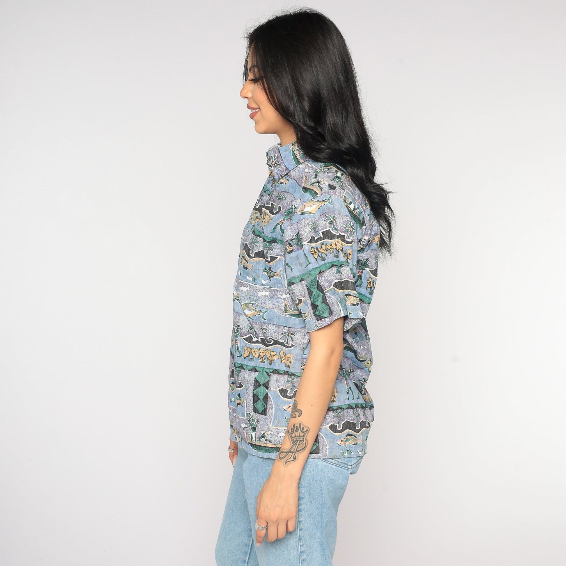 Y2K Tropical Fishing Island Print Button-Up Shirt Purple Blue Cotton Extra Small