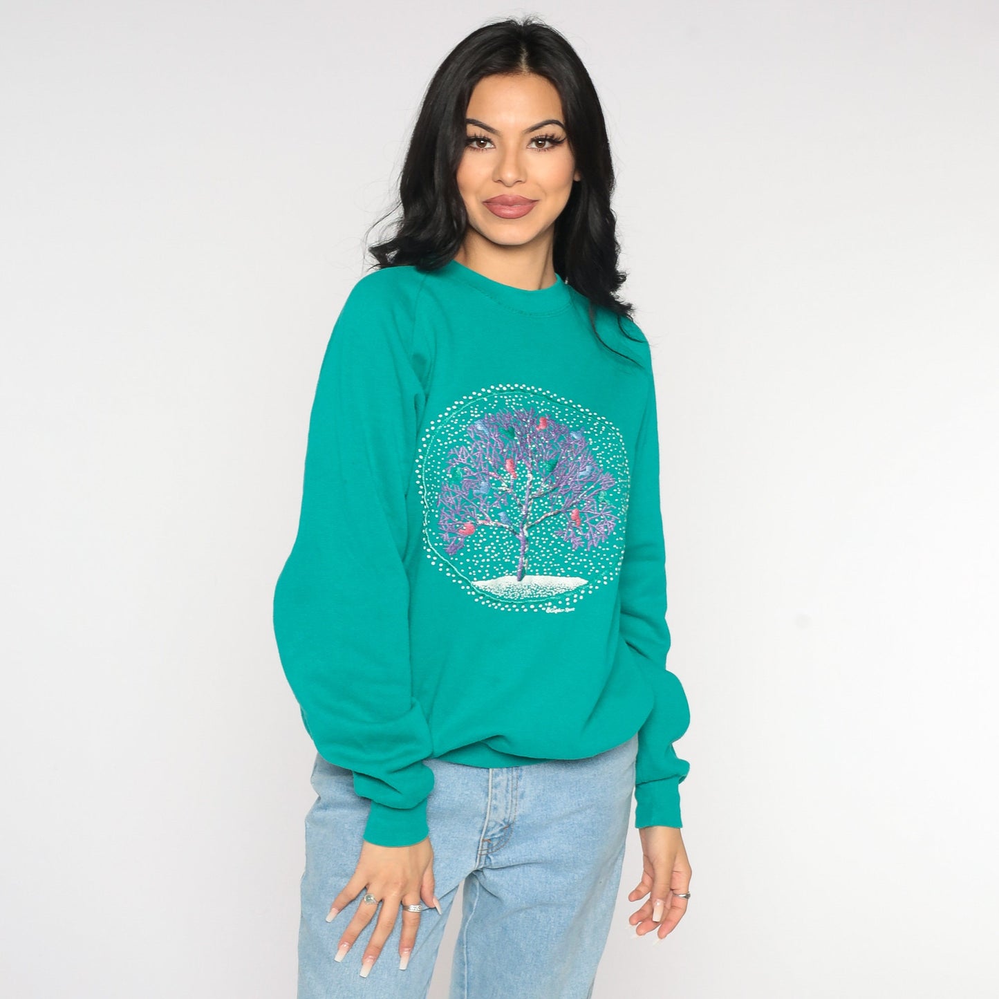 80s Jerzees Bird Tree Raglan Sweatshirt Green Graphic Crewneck Extra Large