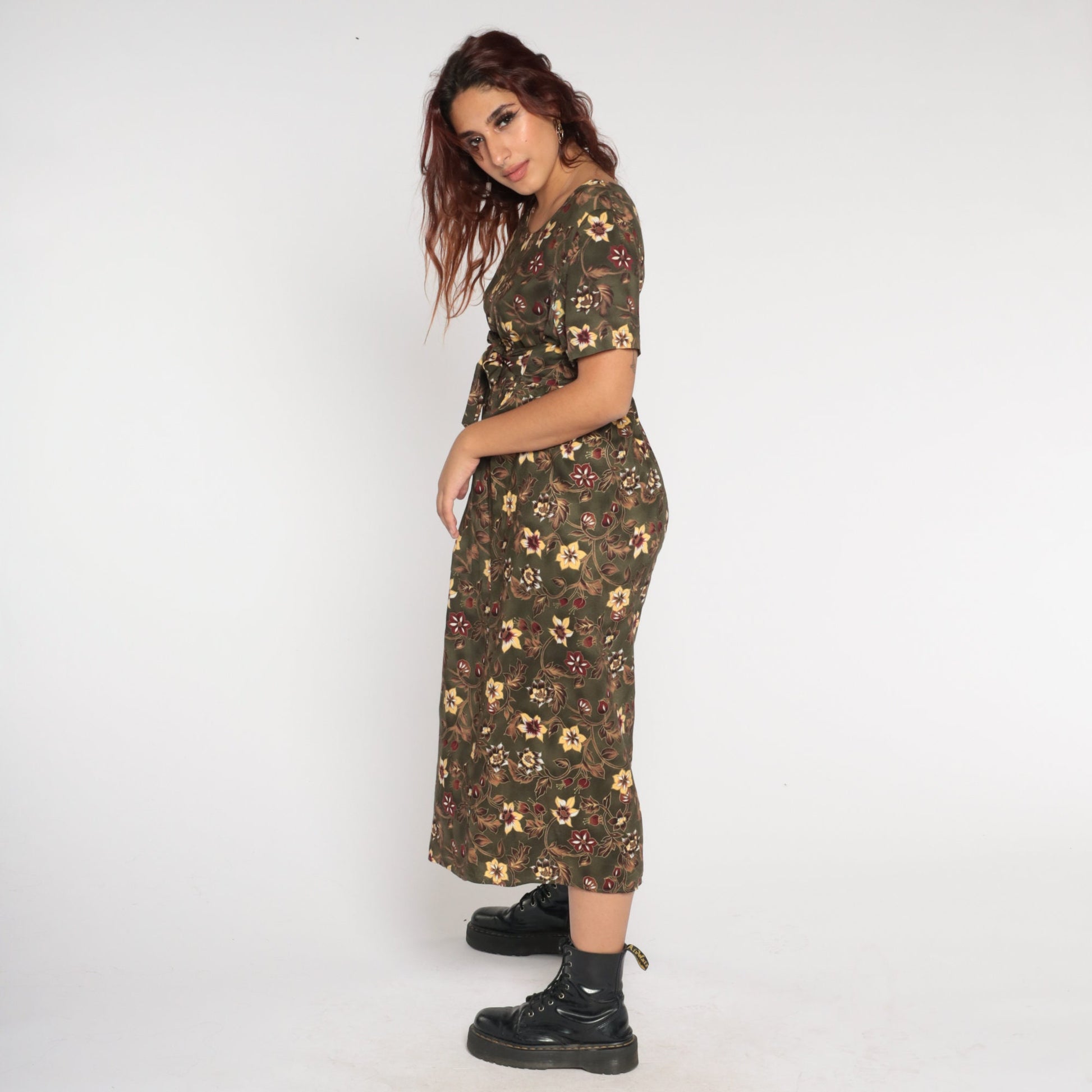 90s Dark Green Floral Midi Dress High Waist Tie Belt Rayon Large L