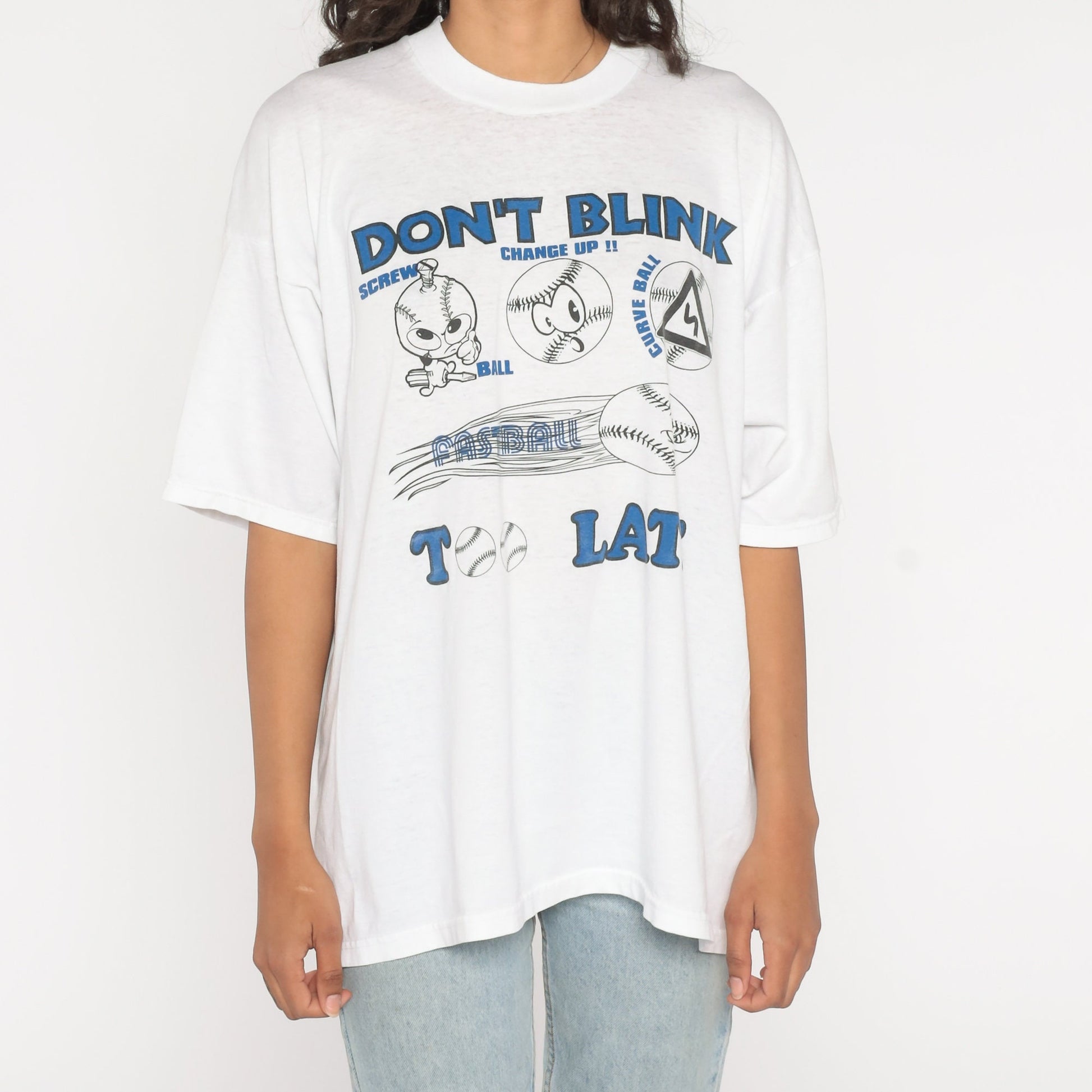 90s Baseball Graphic T-Shirt Don't Blink Too Late White Cotton XXL