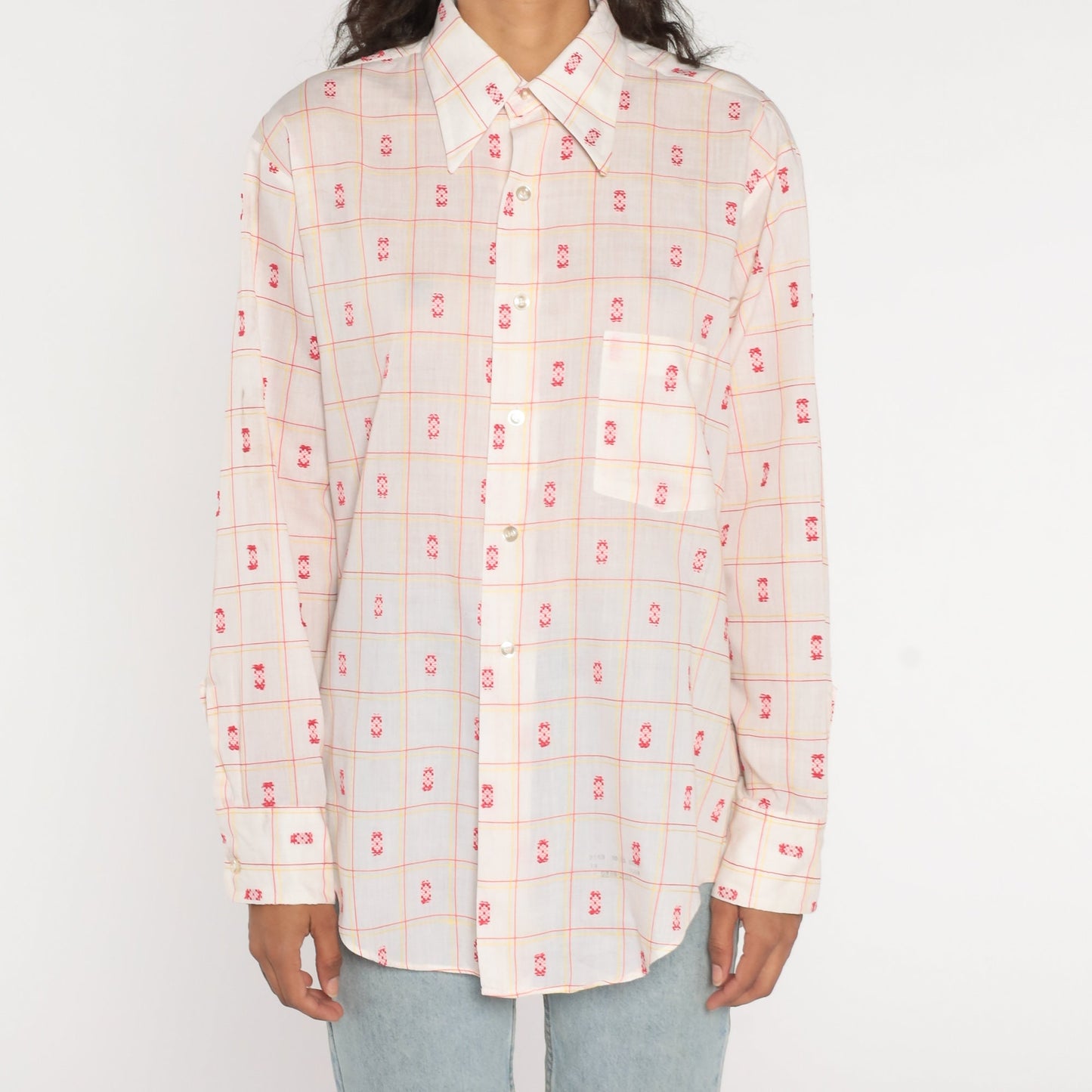 70s Checkered Stamp Print Button Up Shirt White Cotton Mens Large