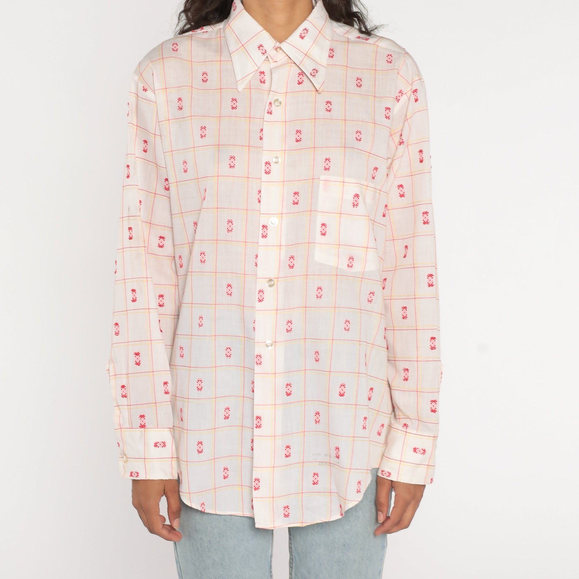 70s Checkered Stamp Print Button Up Shirt White Cotton Mens Large